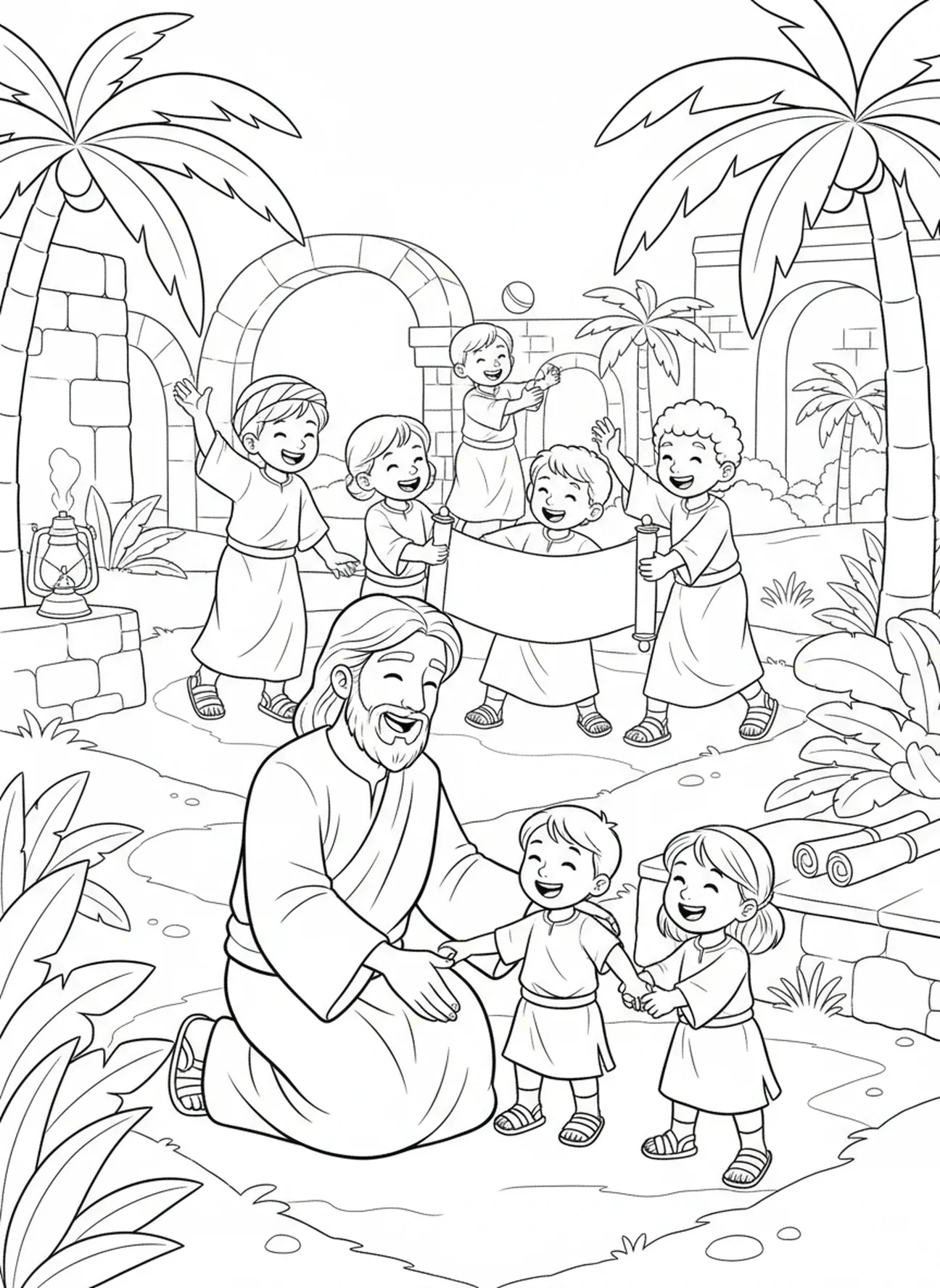Enfants jouant joyeusement, page à colorier Jésus bénit les enfants pour l'École du dimanche, enfants de 5 à 12 ans.