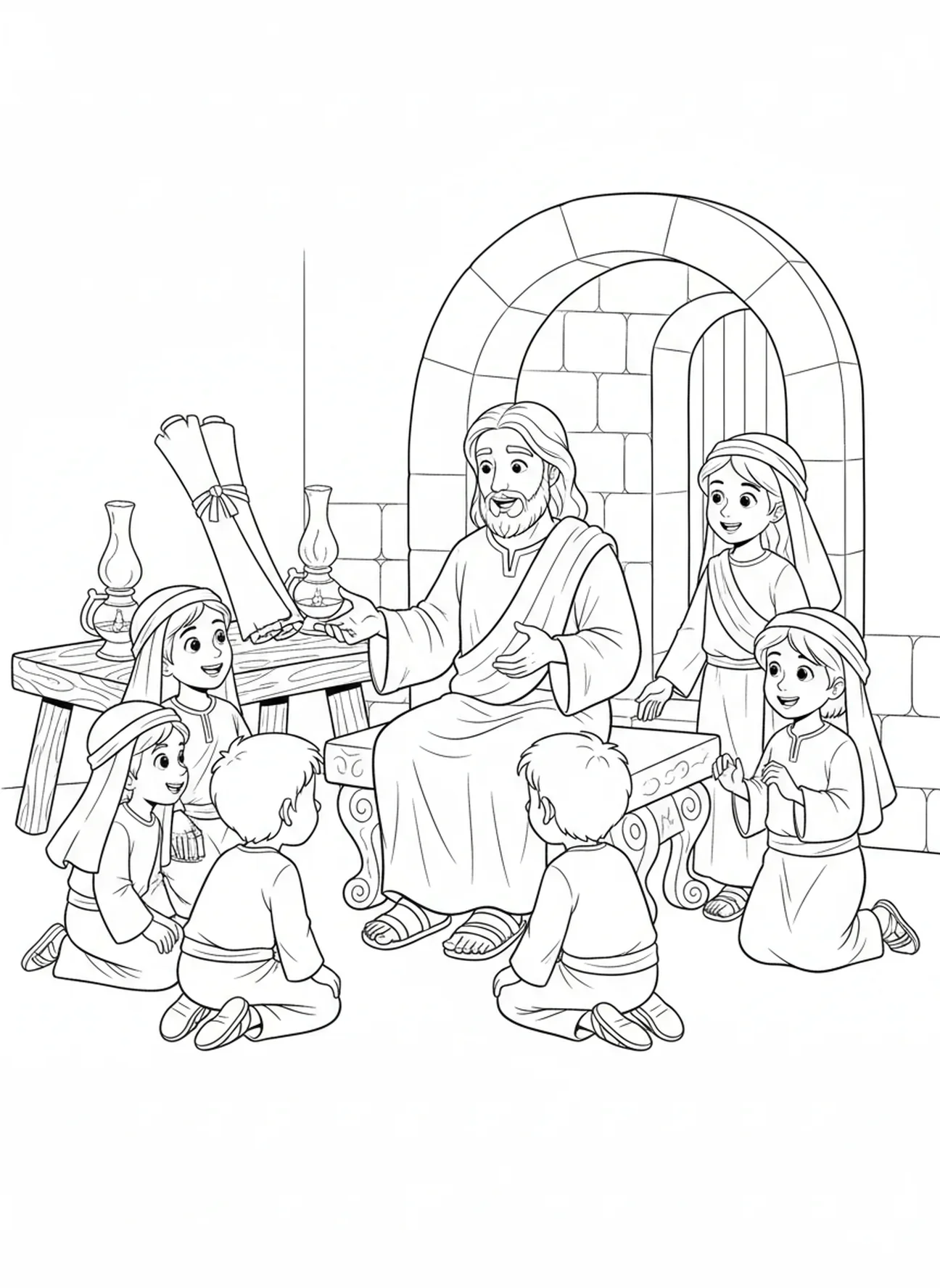 Enfants écoutant Jésus, page à colorier Jésus bénit les enfants pour l'École du dimanche, enfants de 5 à 12 ans.
