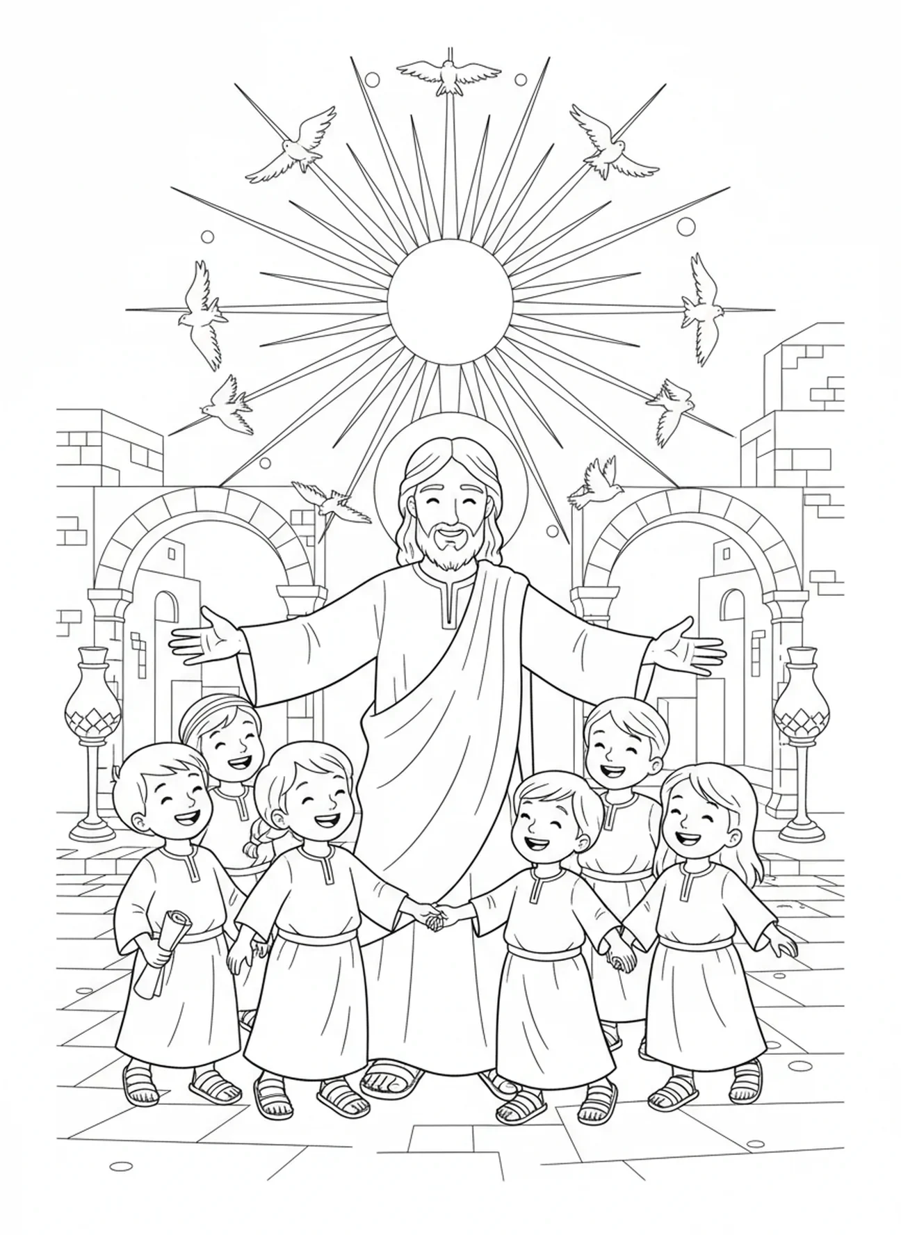 Jésus et les enfants sous le ciel, page à colorier Jésus bénit les enfants pour l'École du dimanche, enfants de 5 à 12 ans.