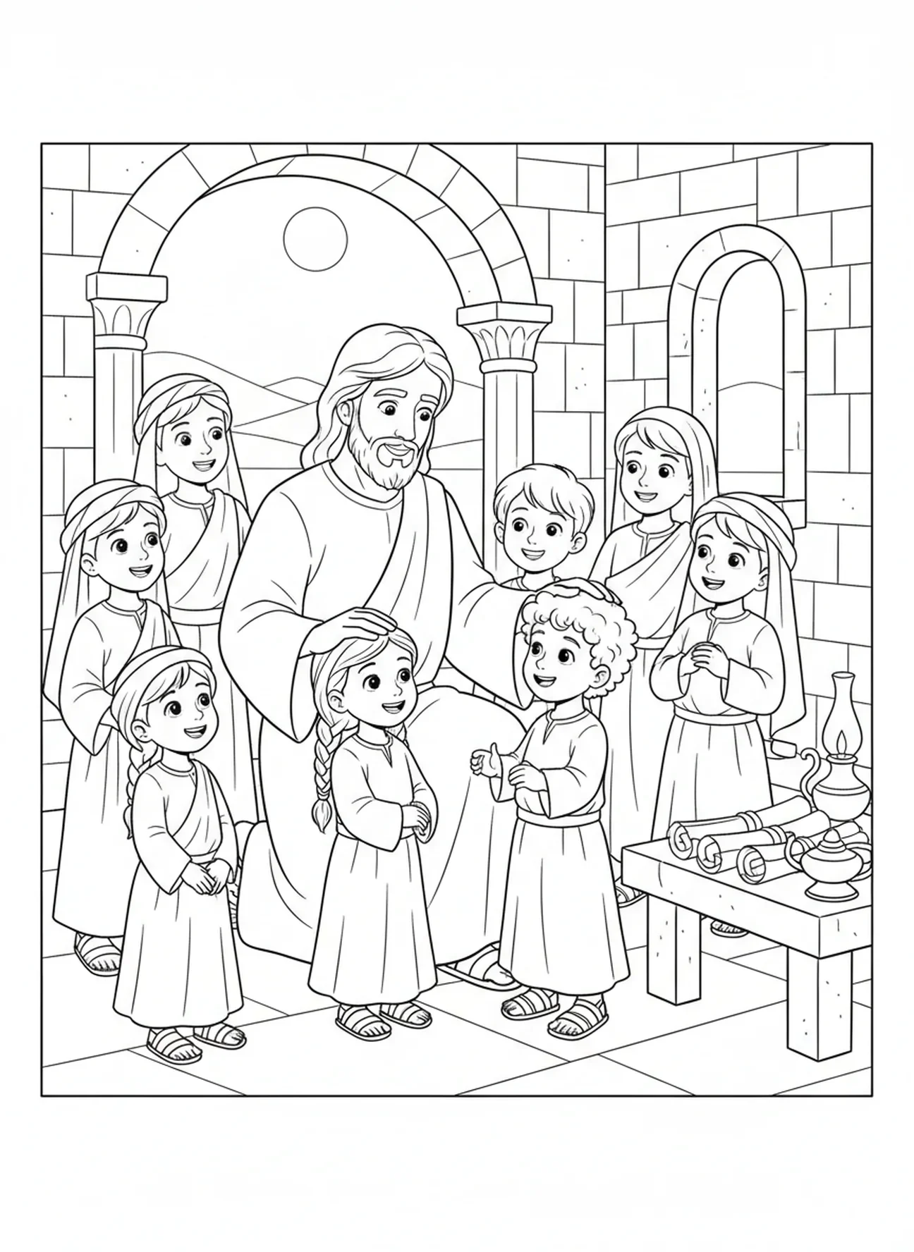 Jésus bénissant des enfants, page à colorier Jésus bénit les enfants pour l'École du dimanche, enfants de 5 à 12 ans.