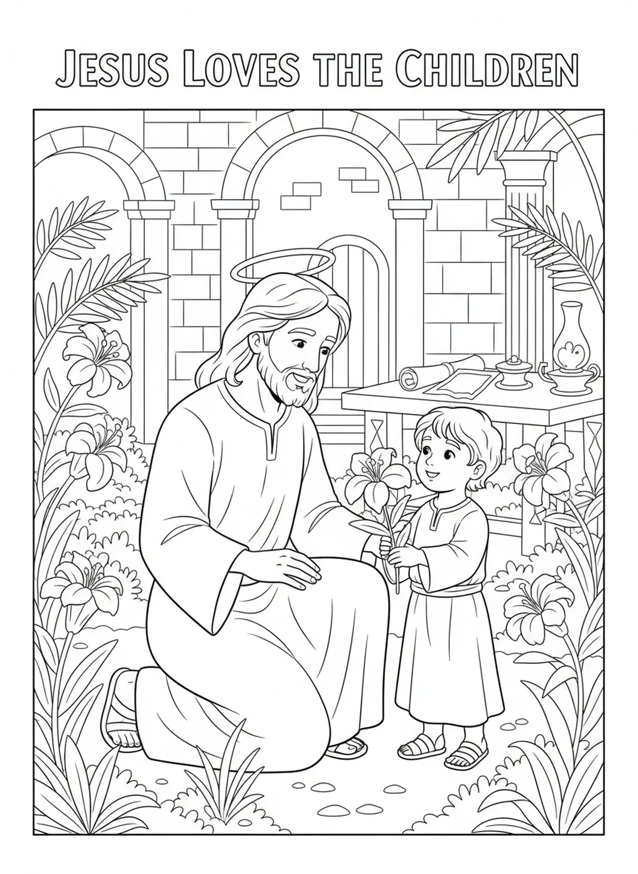 Jésus parlant à un enfant, page à colorier Jésus bénit les enfants pour l'École du dimanche, enfants de 5 à 12 ans.