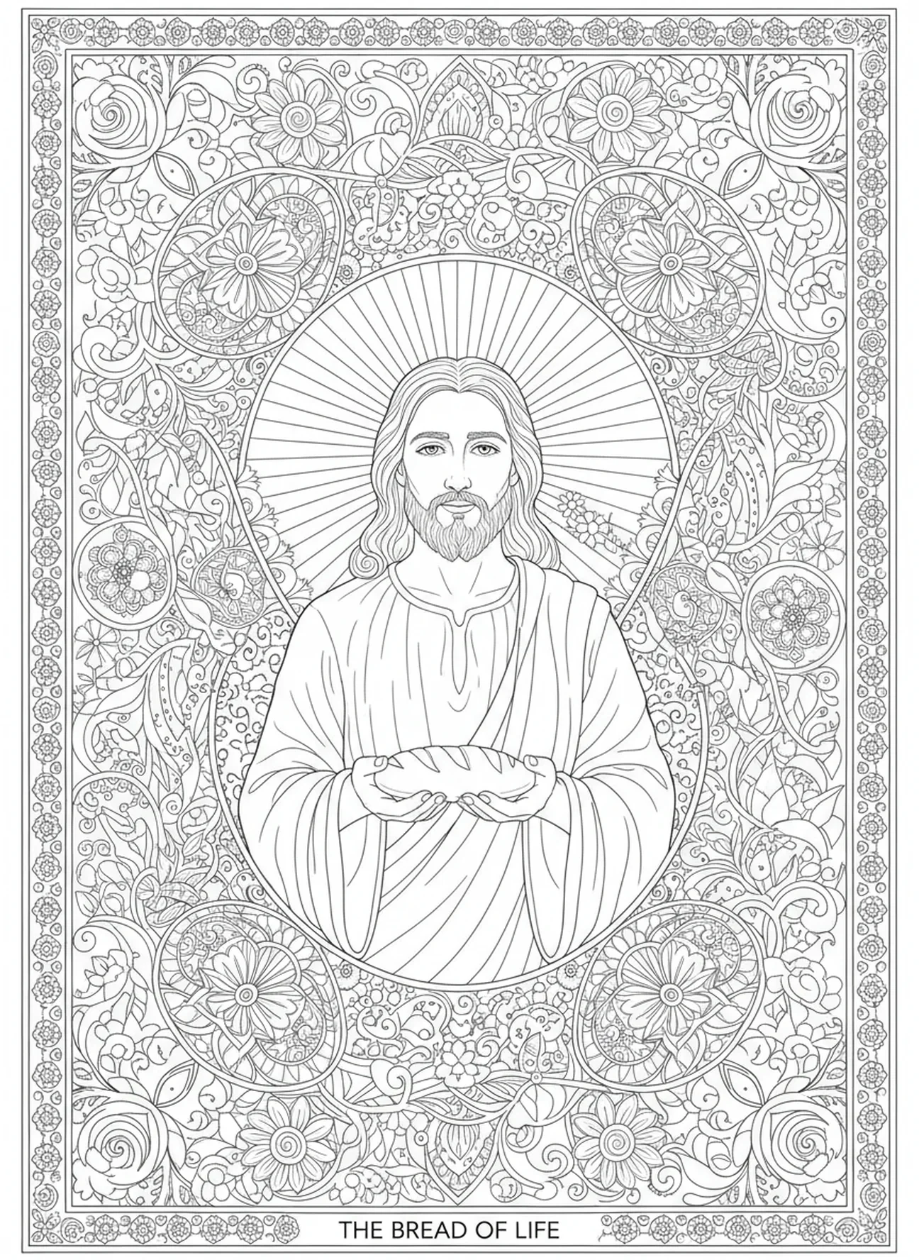 Jezus oferujący chleb na życie wieczne, kolorowanka Jezus Chleb Życia w stylu dziennika biblijnego dla dorosłych.
