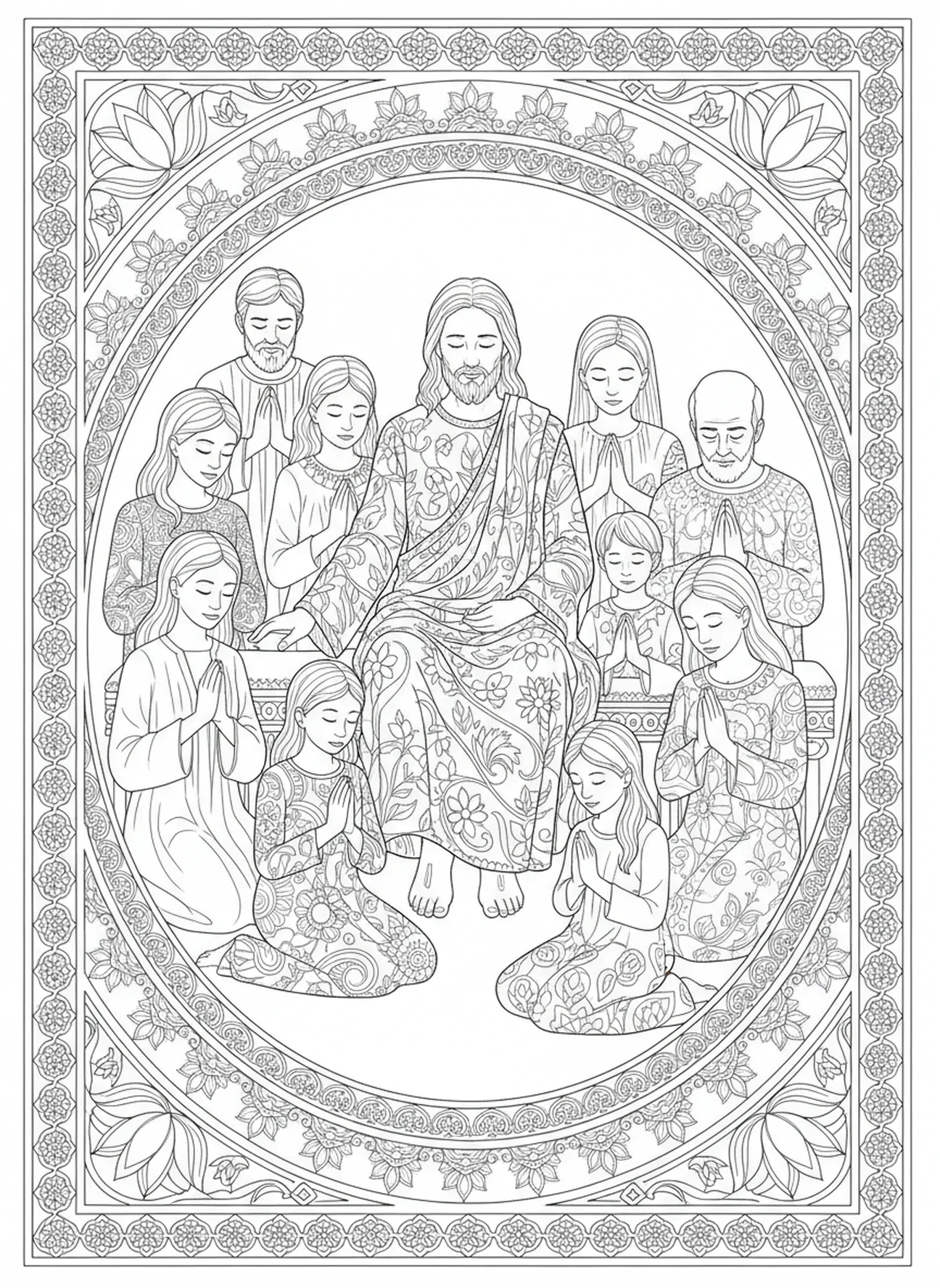 Groupe divers, page à colorier des pieds de Jésus pour le journal biblique des adultes.