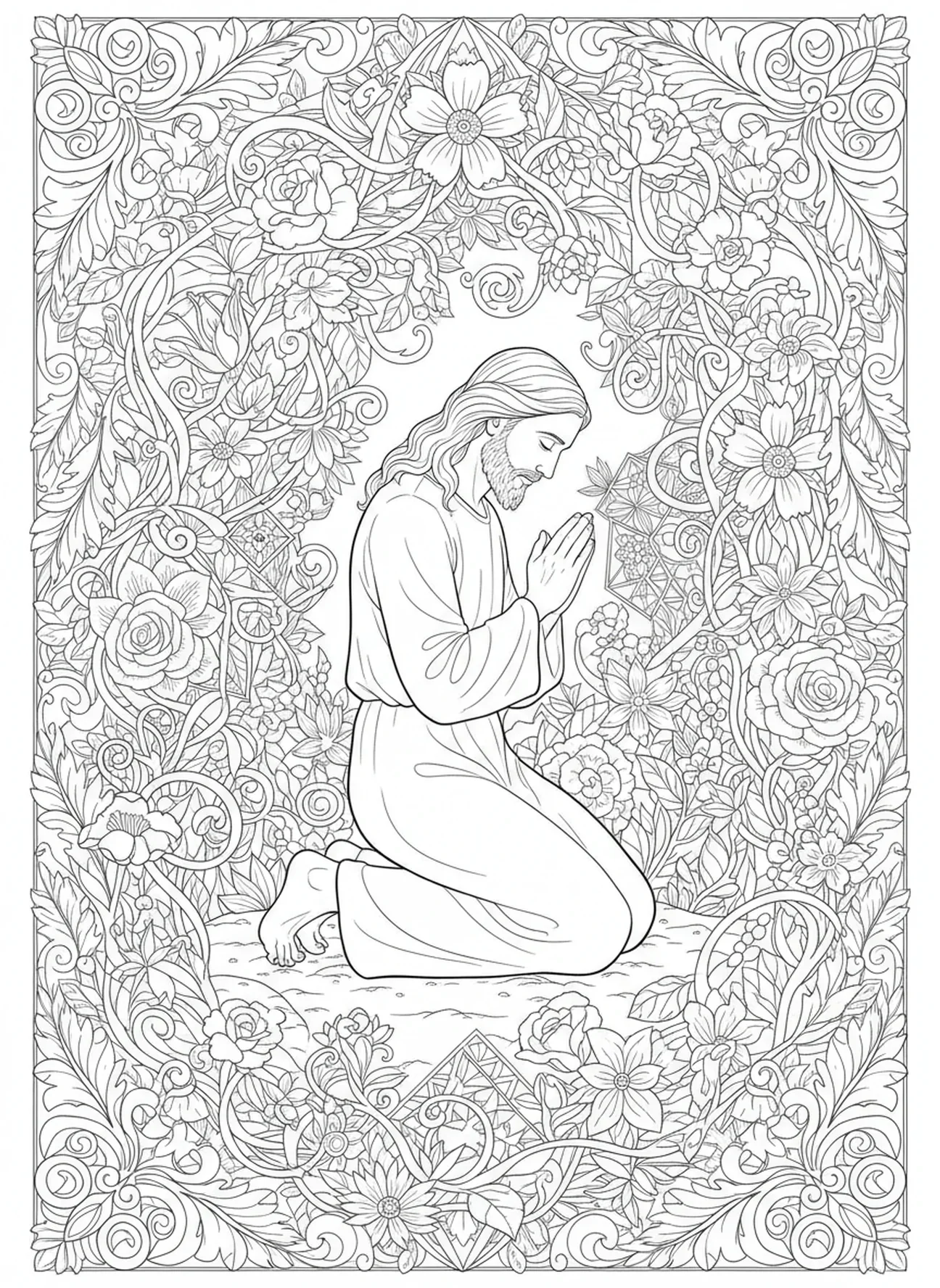 Jésus à genoux dans le jardin, page à colorier des pieds de Jésus pour le journaling biblique pour adultes.