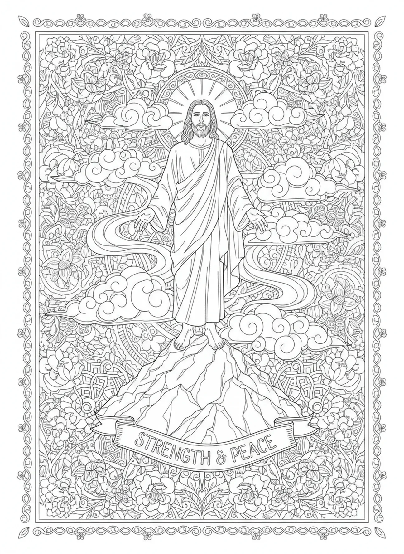 Jésus debout sur une montagne, page à colorier des pieds de Jésus pour le journal biblique des adultes.