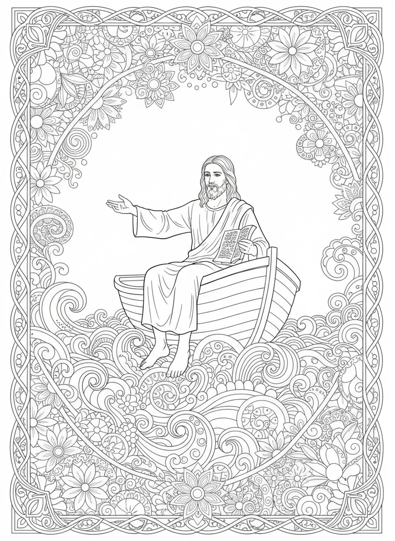 Jésus enseignant depuis un bateau, page à colorier sur les pieds de Jésus pour le journal biblique pour adultes.