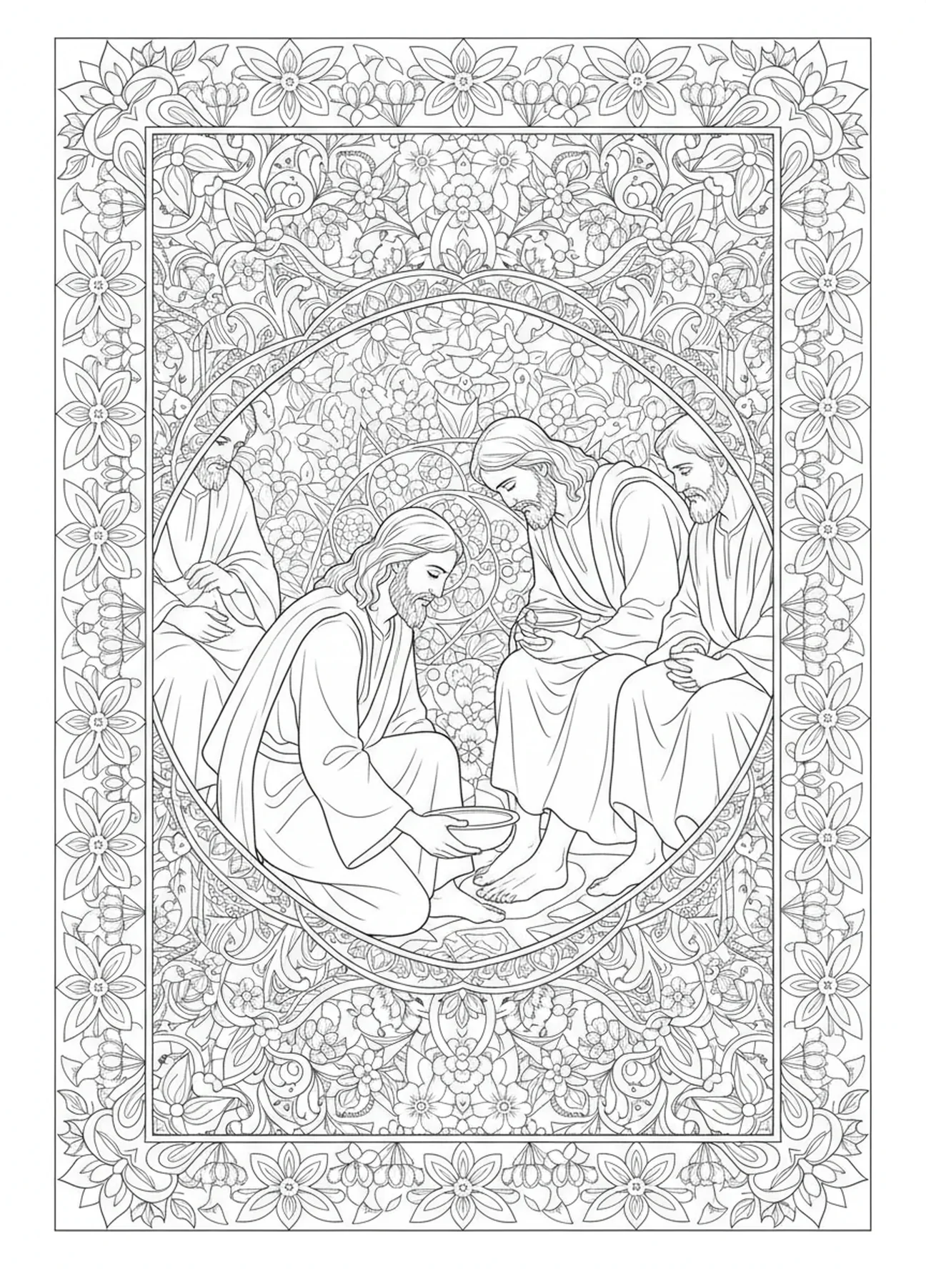 Jésus à genoux, page à colorier Jésus lavant les pieds pour adultes dans un style de journal biblique.