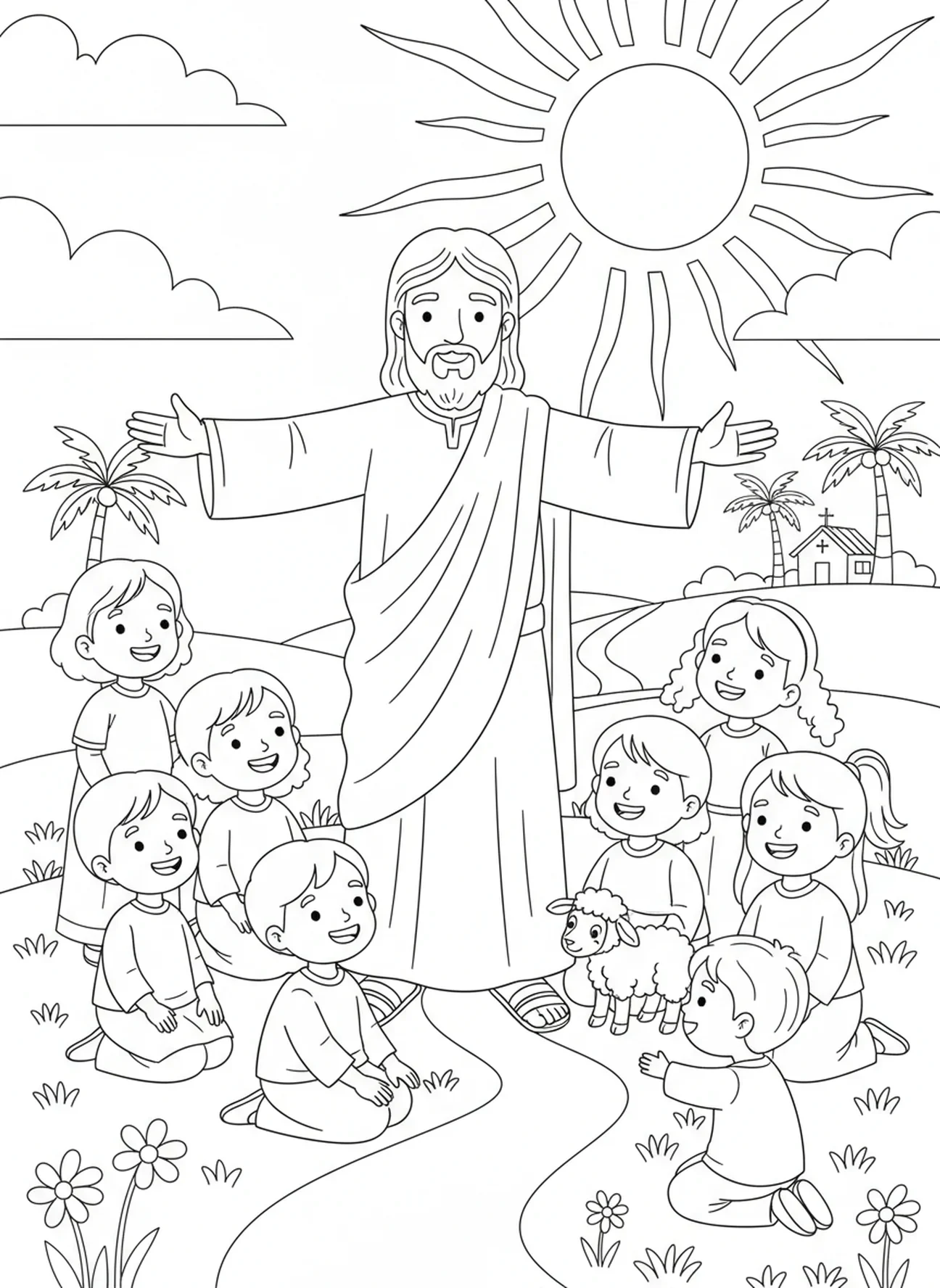Jesus segnet Kinder, Ausmalbild von Jesu Füßen für Kinder im Alter von 5-10 Jahren.