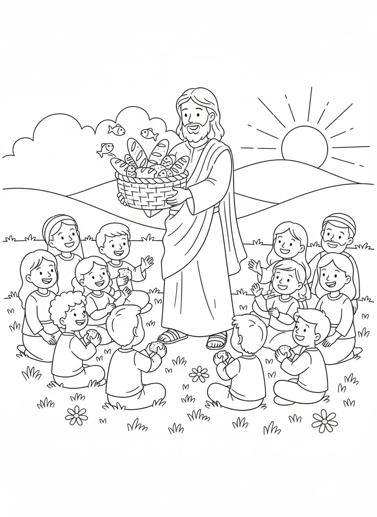 Jesus teilt Essen, Ausmalbild von Jesu Füßen für Kinder im Alter von 5-10 Jahren.