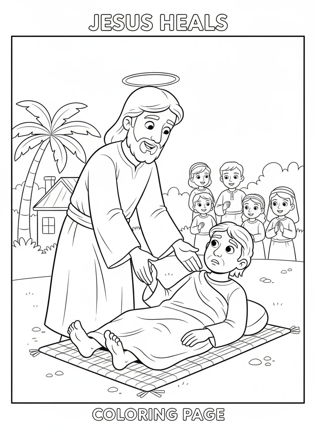 Jesus heilt die Kranken, Ausmalbild von Jesu Füßen für Kinder im Alter von 5-10 Jahren.