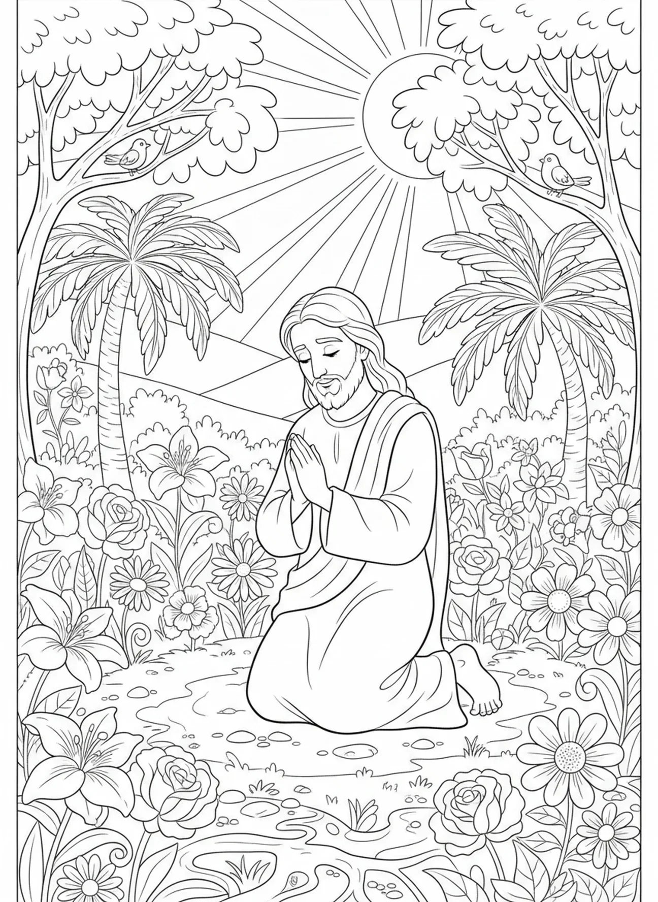 Jesus betet im Garten, Ausmalbild von Jesu Füßen für Kinder im Alter von 5-10 Jahren.