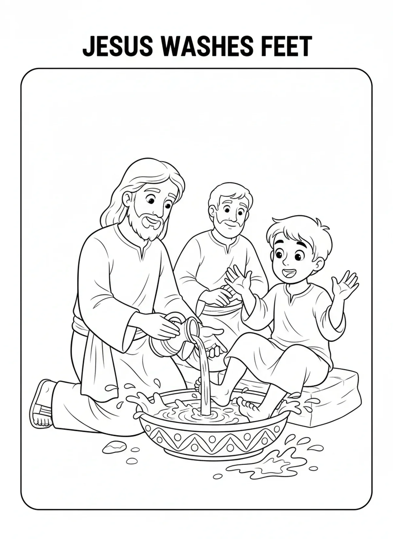 Jesus wäscht die Füße, Ausmalbild von Jesus für Kinder im Alter von 5-10 Jahren.