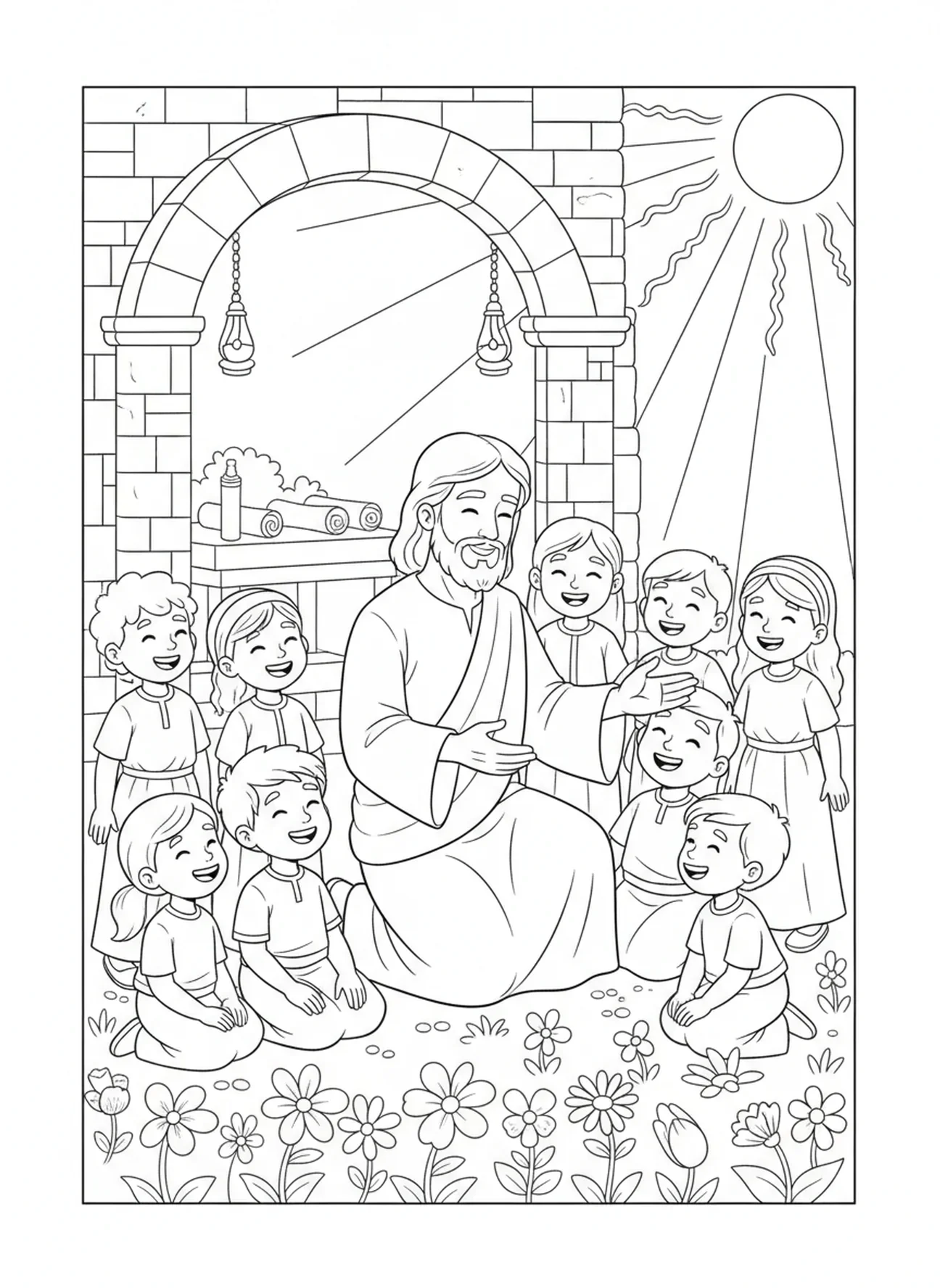 Jesus segnet Kinder, Ausmalbild von Jesu Füßen für Sonntagsschulkinder im Alter von 5-12 Jahren