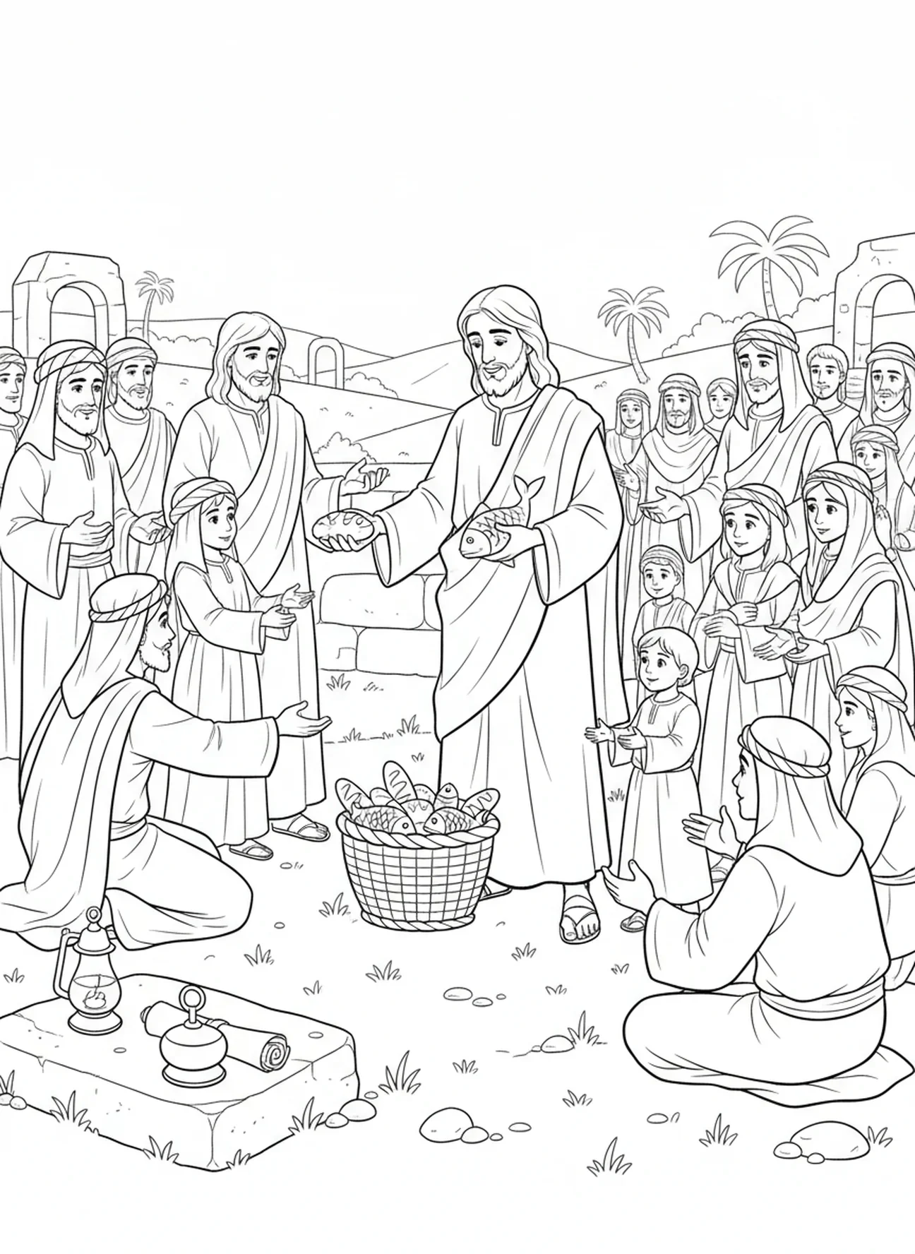 Jesus speist die Menge, Ausmalbild von Jesu Füßen für Kinder in der Sonntagsschule im Alter von 5-12 Jahren
