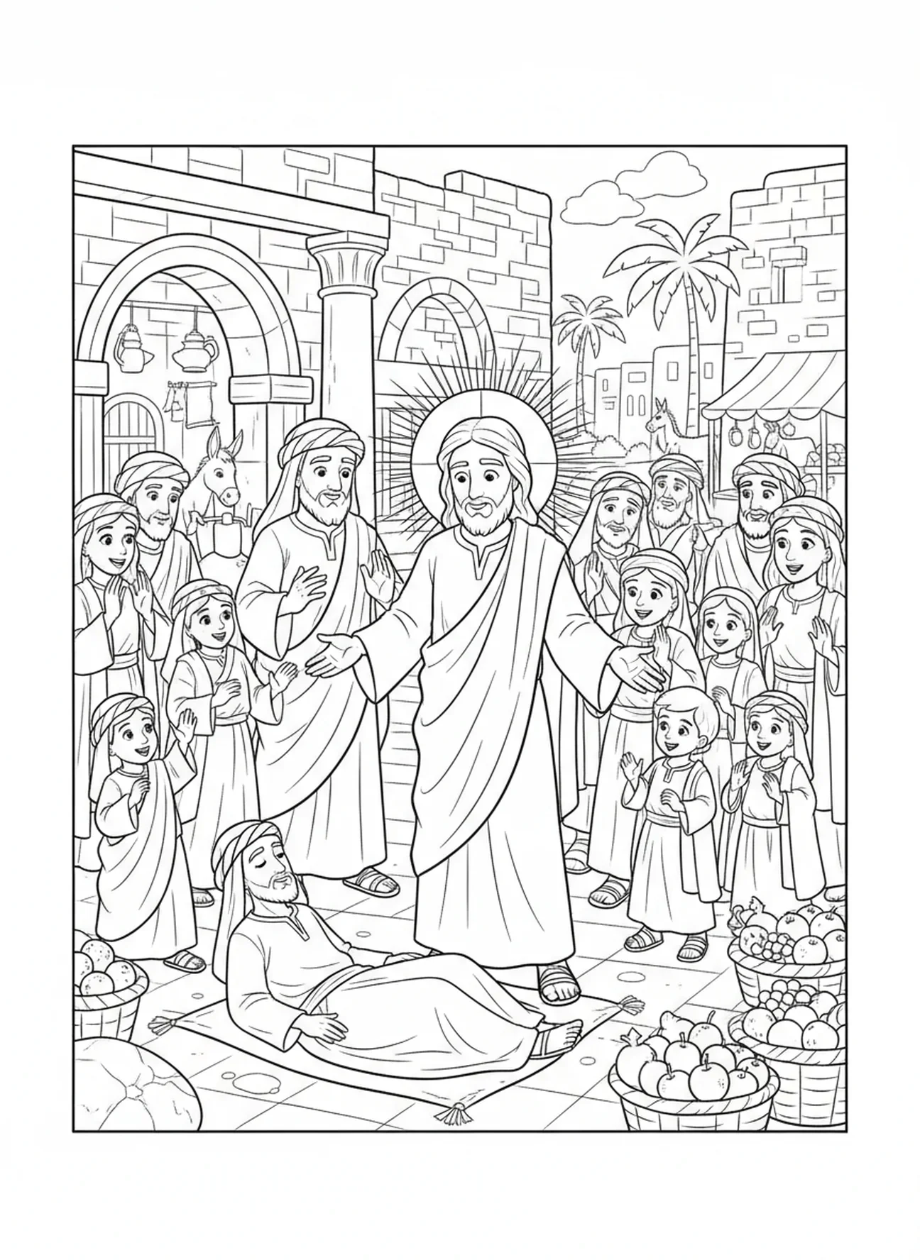 Jesus heilt die Kranken, Ausmalbild von Jesu Füßen für Sonntagsschulkinder im Alter von 5-12 Jahren