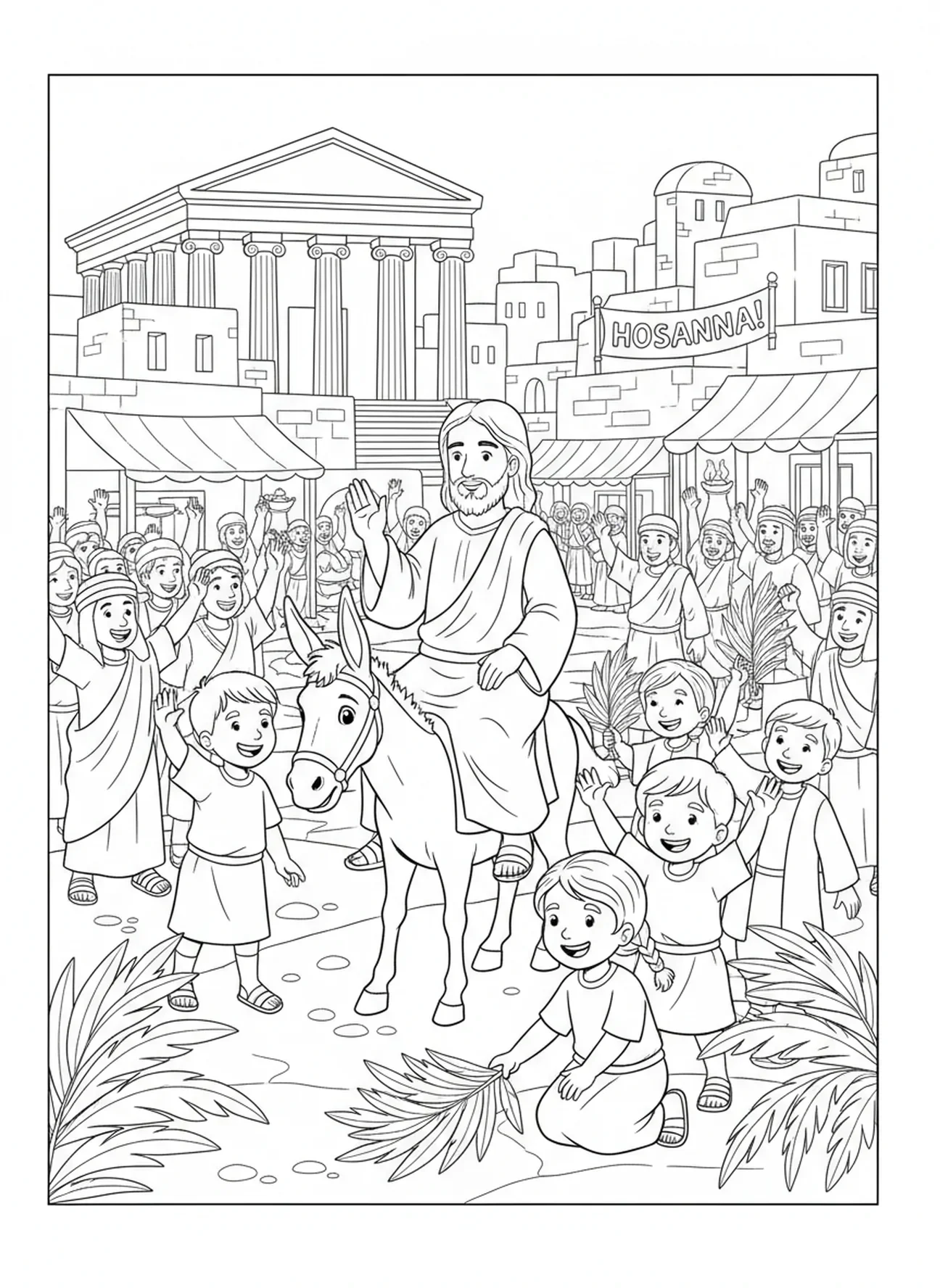 Jesus auf dem Esel, Ausmalbild von Jesu Füßen für Sonntagsschulkinder im Alter von 5-12 Jahren