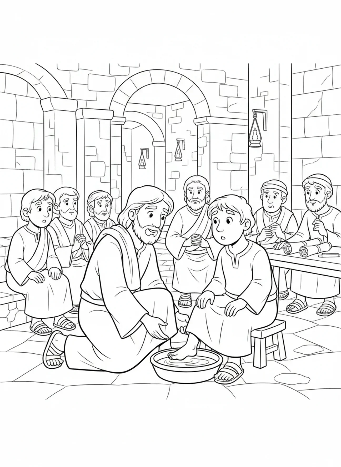 Jesus wäscht die Füße, Ausmalbild von Jesus für die Sonntagsschule für Kinder im Alter von 5-12 Jahren