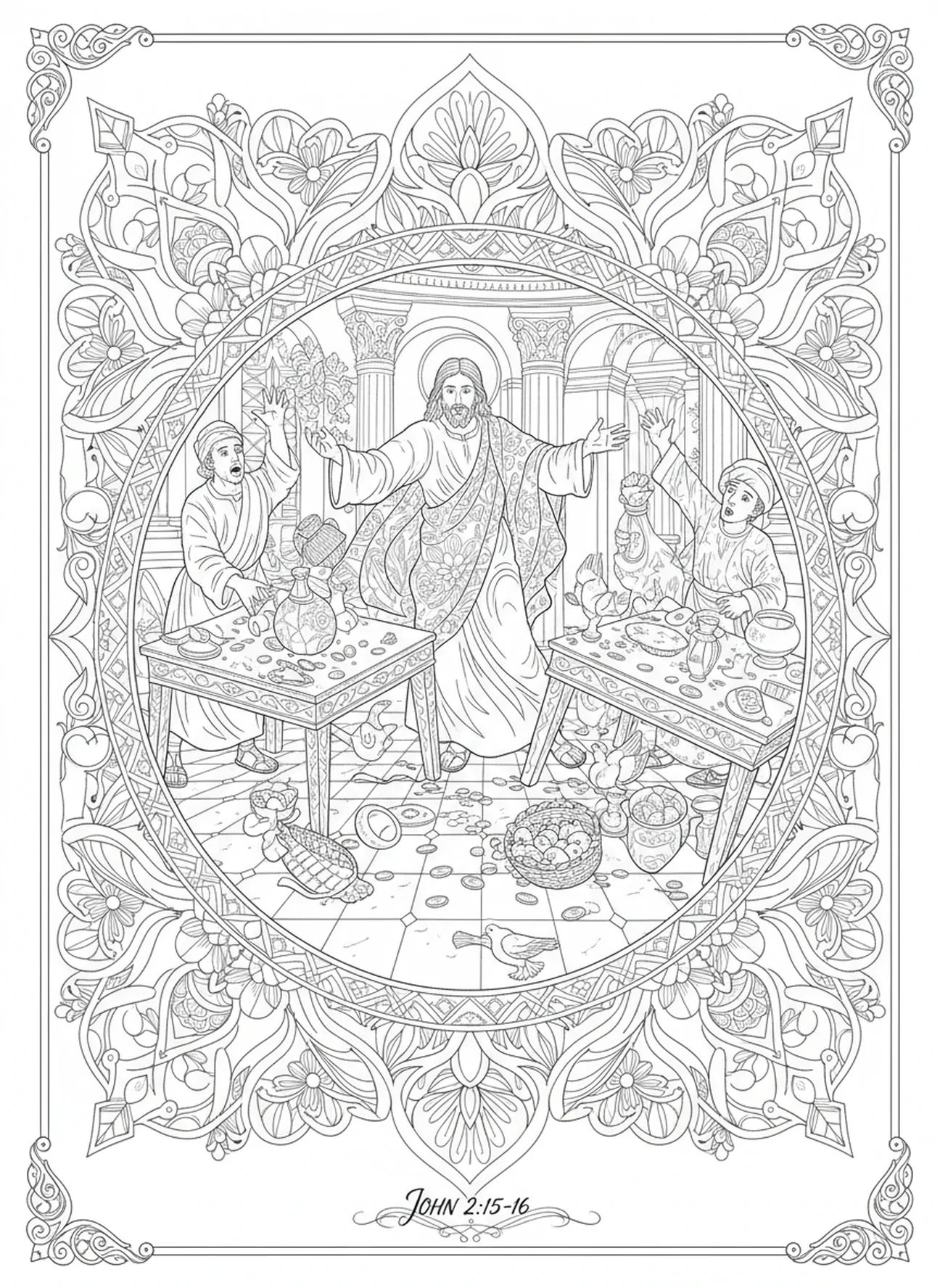 Händler schockiert vom Chaos, Jesus wirft die Tische um Ausmalbild für Erwachsene im Bibel-Journaling-Stil.