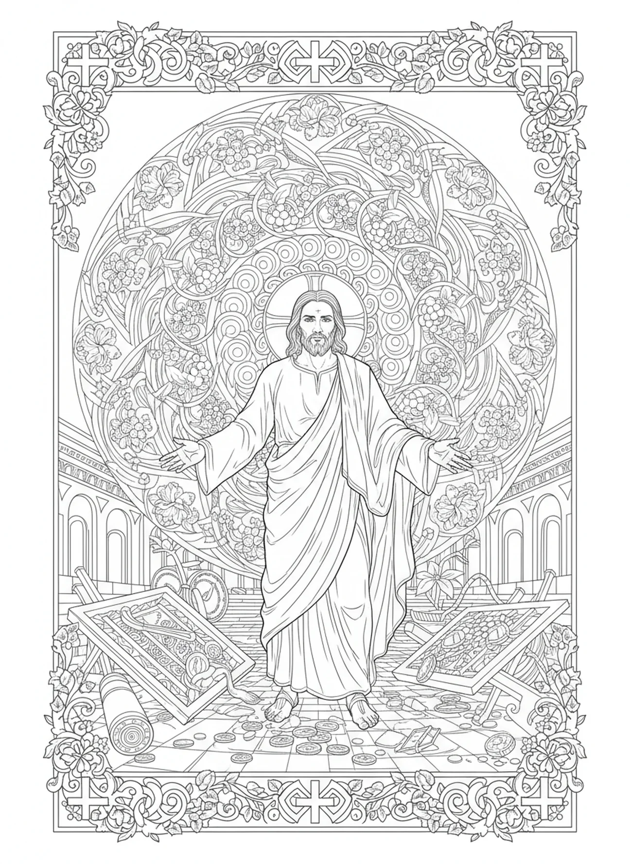 Jesus, der Autorität im Chaos behauptet, Ausmalbild 'Jesus wirft die Tische um' im Stil des Bibel-Journaling für Erwachsene.