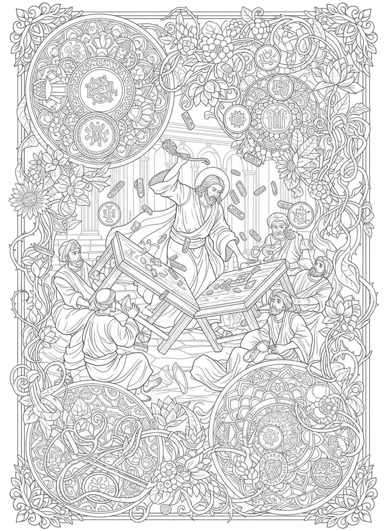 Geldwechsler in Aufruhr, Jesus wirft die Tische um Ausmalbild für Erwachsene im Bibel-Journaling-Stil.