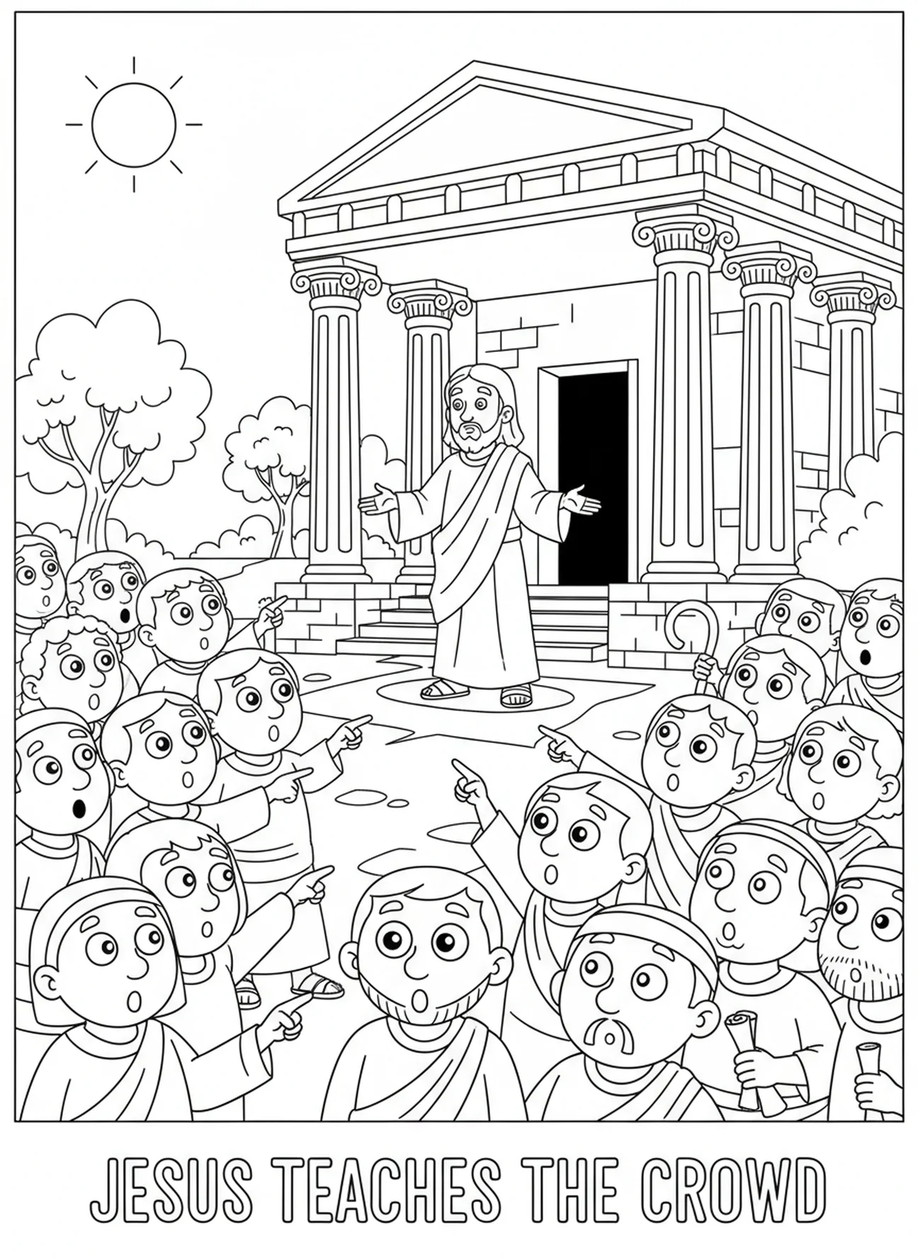 Menschenmenge reagiert auf Jesus, Jesus wirft die Tische um Malvorlage für Kinder im Alter von 5-10 Jahren.