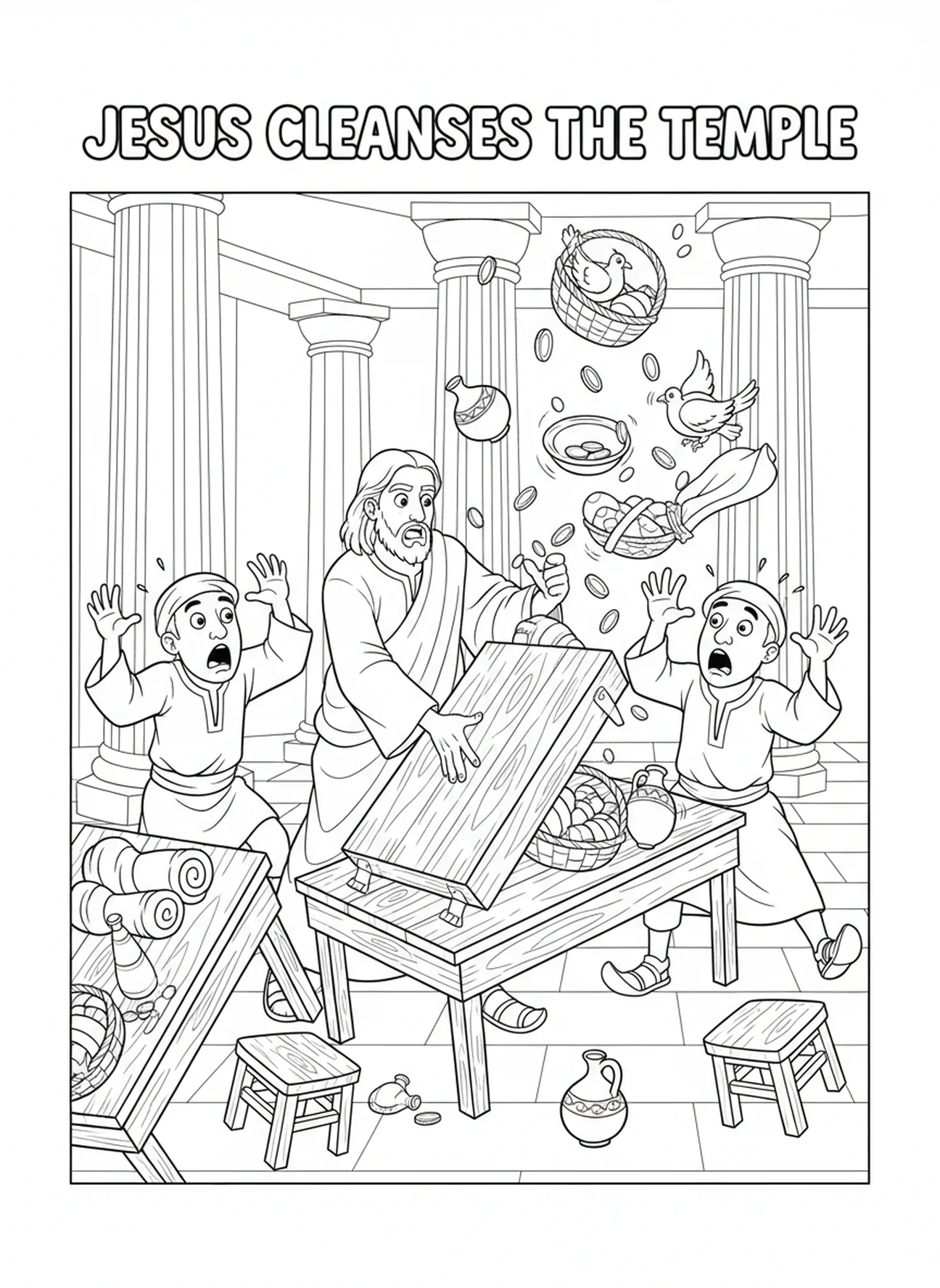 Jesus, der Tische umwirft, Ausmalbild von Jesus, der Tische umwirft, für Kinder im Alter von 5-10 Jahren.