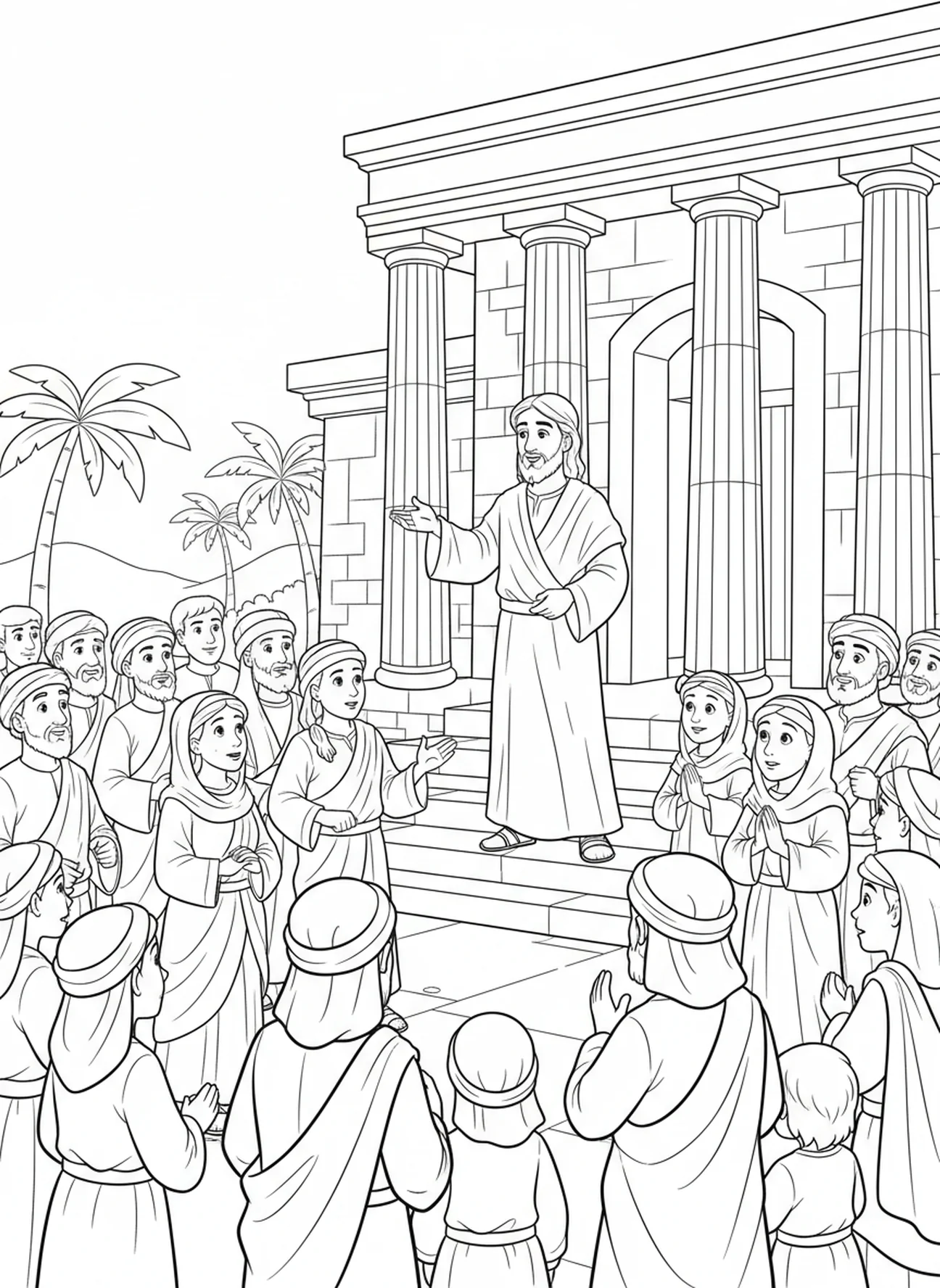 Jesus spricht zu einer Menschenmenge, Jesus wirft die Tische um Malvorlage für Kinder im Alter von 5-10 Jahren.
