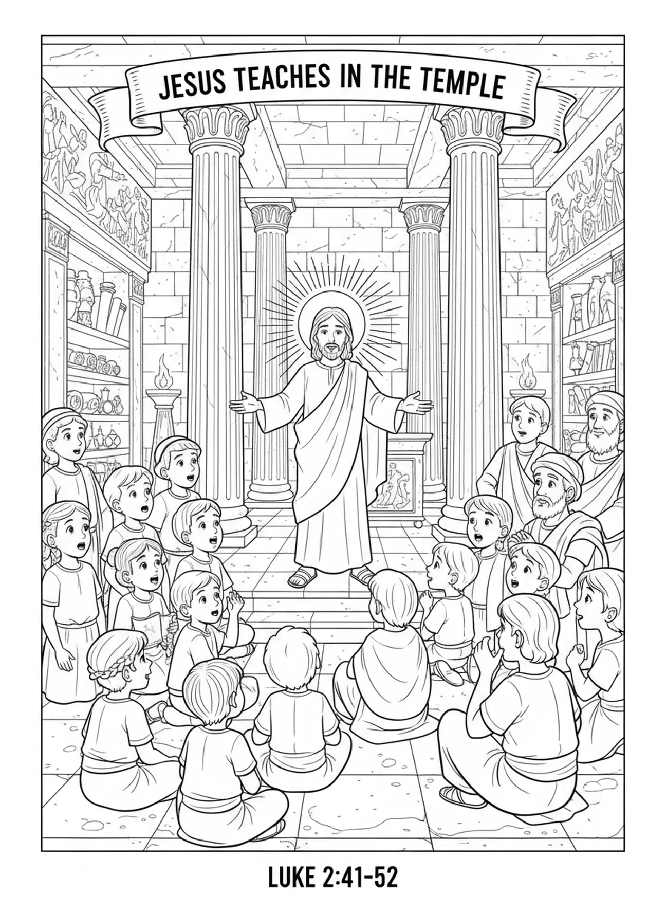 Foule réagissant au message de Jésus, page à colorier Jésus renverse les tables pour les enfants de l'École du dimanche âgés de 5 à 12 ans.