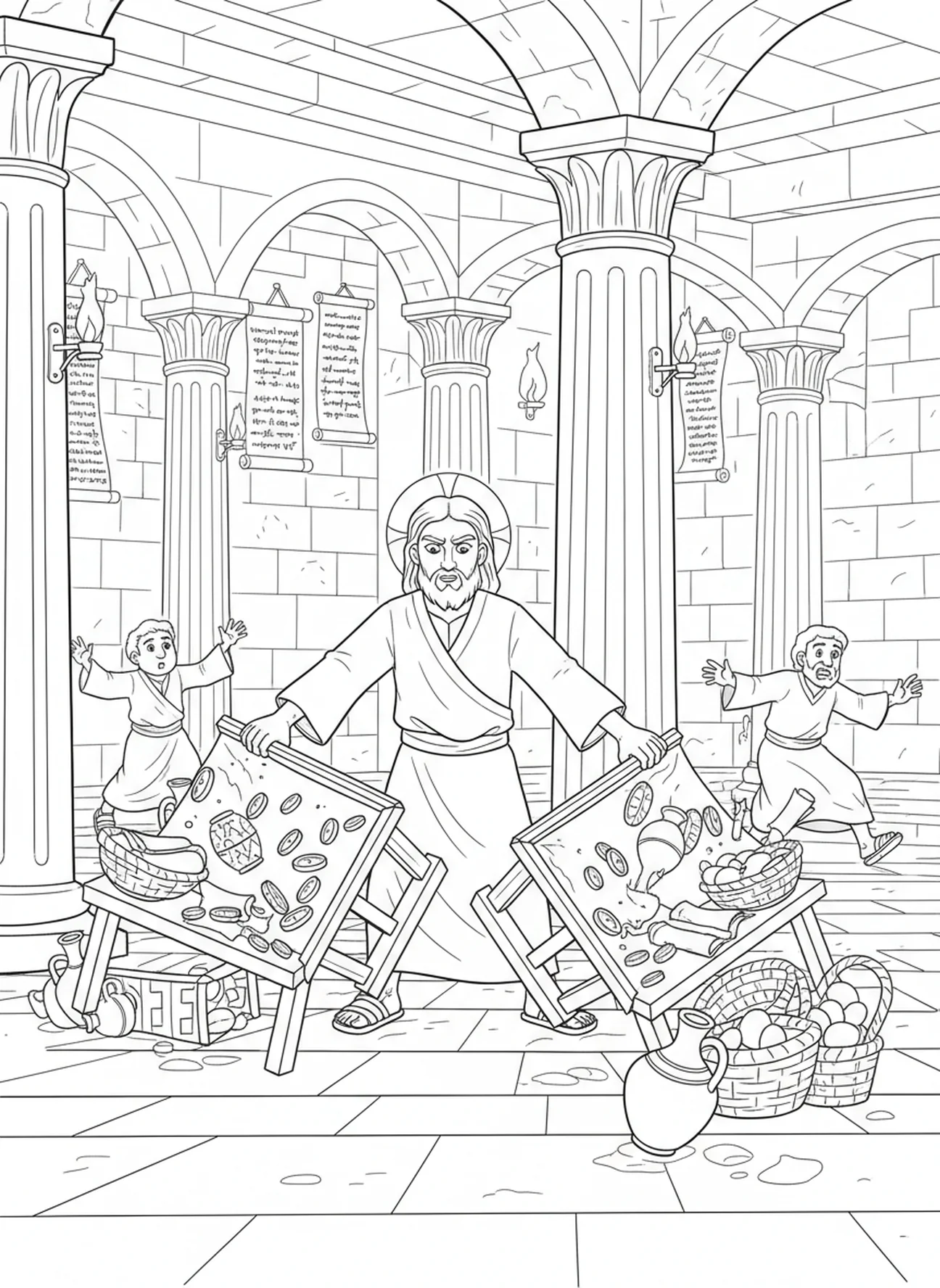 Jésus renversant des tables dans le temple, page à colorier Jésus renverse des tables pour les enfants de l'École du dimanche âgés de 5 à 12 ans.