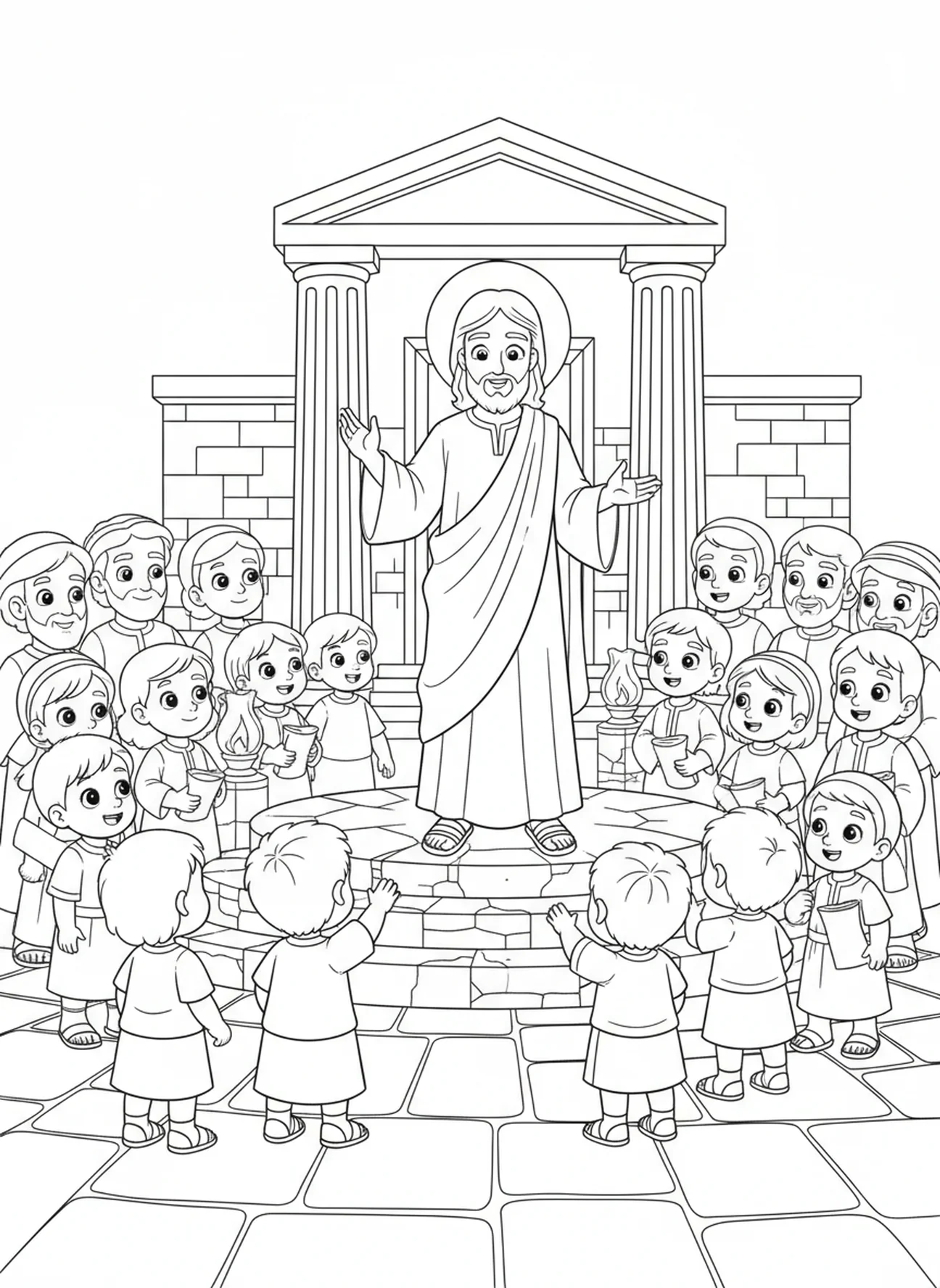 Jésus enseignant une foule dans le temple, page à colorier Jésus renverse les tables pour les enfants de l'École du dimanche âgés de 5 à 12 ans.