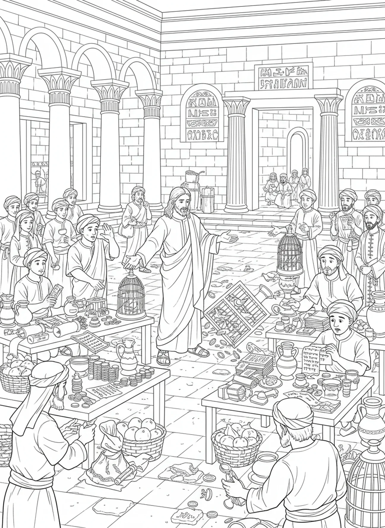 Marchands vendant des marchandises, page à colorier Jésus renverse les tables pour les enfants de l'École du dimanche âgés de 5 à 12 ans.