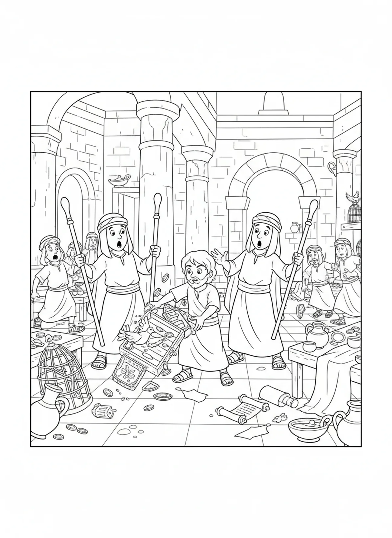 Gardiens du temple surpris, page à colorier Jésus renverse les tables pour les enfants de l'École du dimanche âgés de 5 à 12 ans.