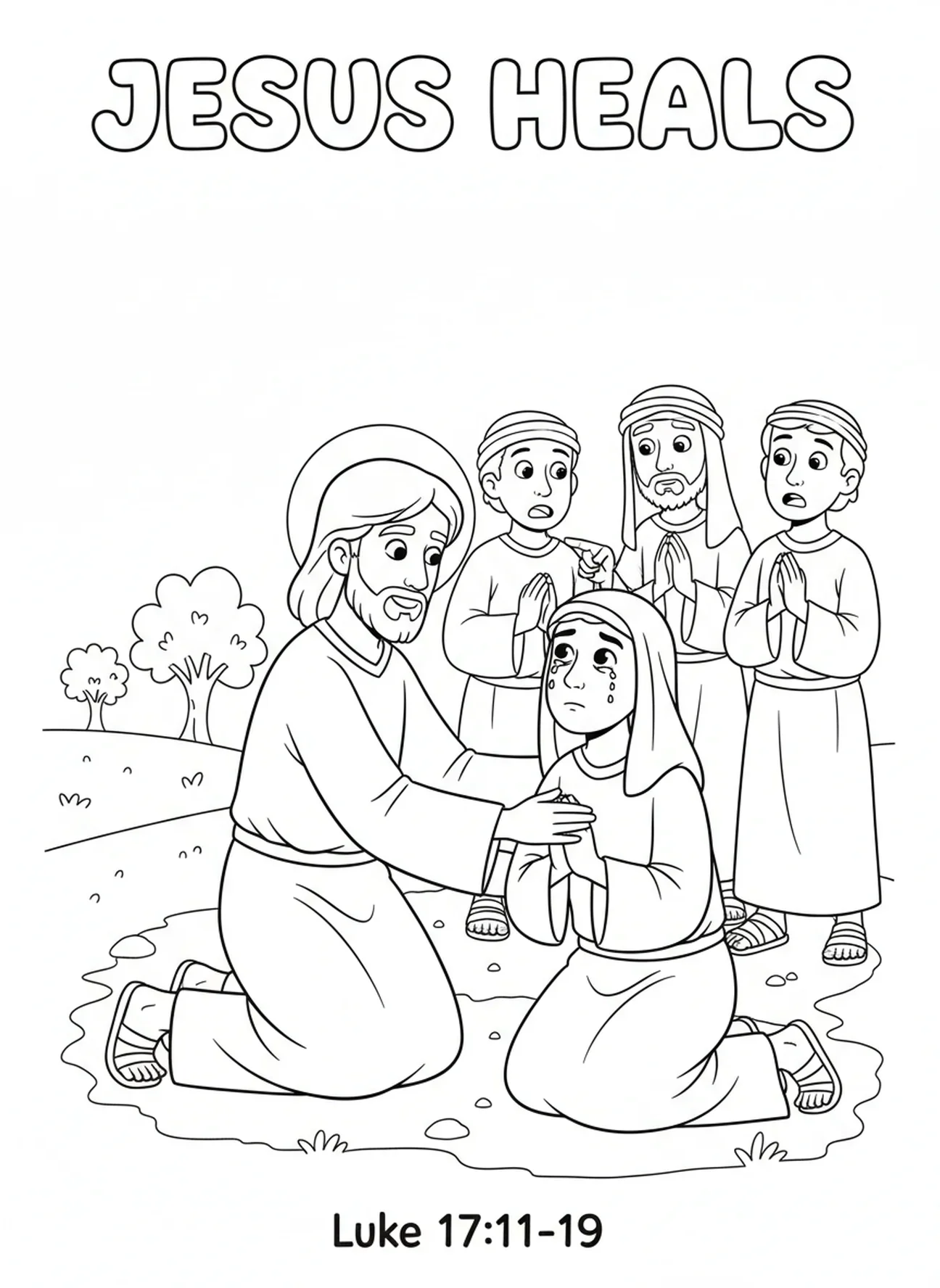 Jesus berührt einen Aussätzigen, Ausmalbild Jesus heilt 10 Aussätzige für Kinder im Alter von 5-10 Jahren.