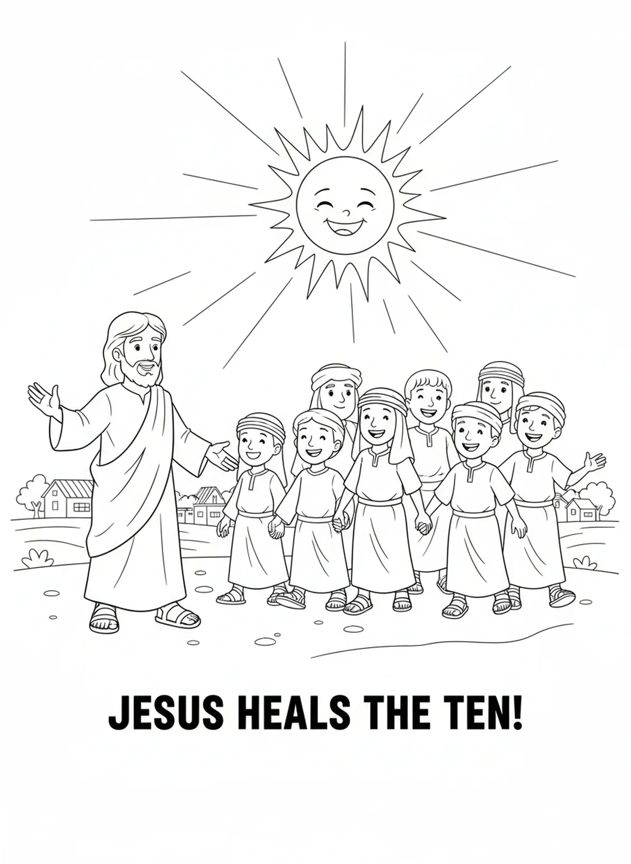 Heilende Aussätzige verlassen Jesus, Jesus heilt 10 Aussätzige Malvorlage für Kinder im Alter von 5-10 Jahren.