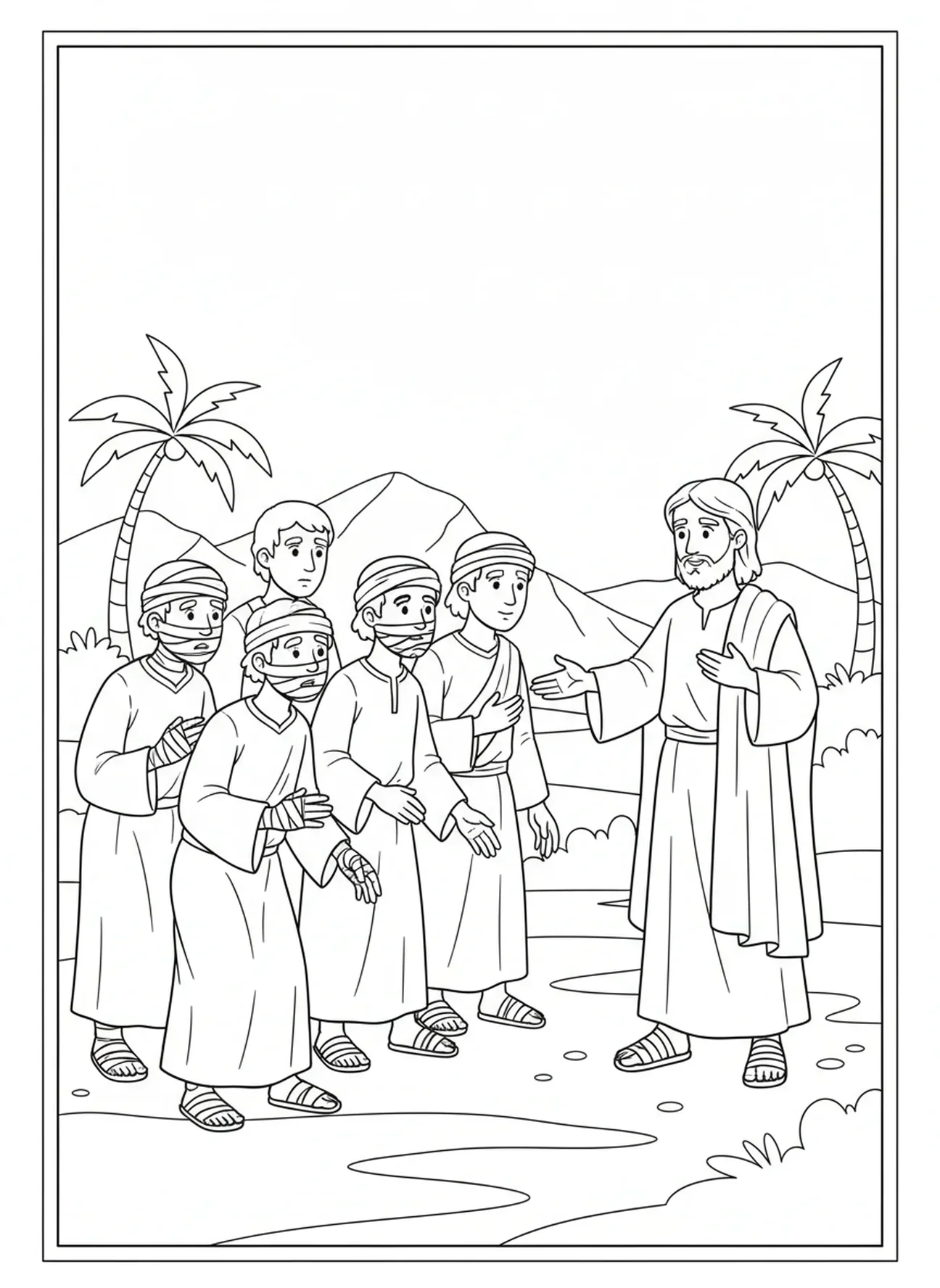 Gruppe von Aussätzigen, die sich Jesus nähern, Jesus heilt 10 Aussätzige Malvorlage für Kinder im Alter von 5-10 Jahren.