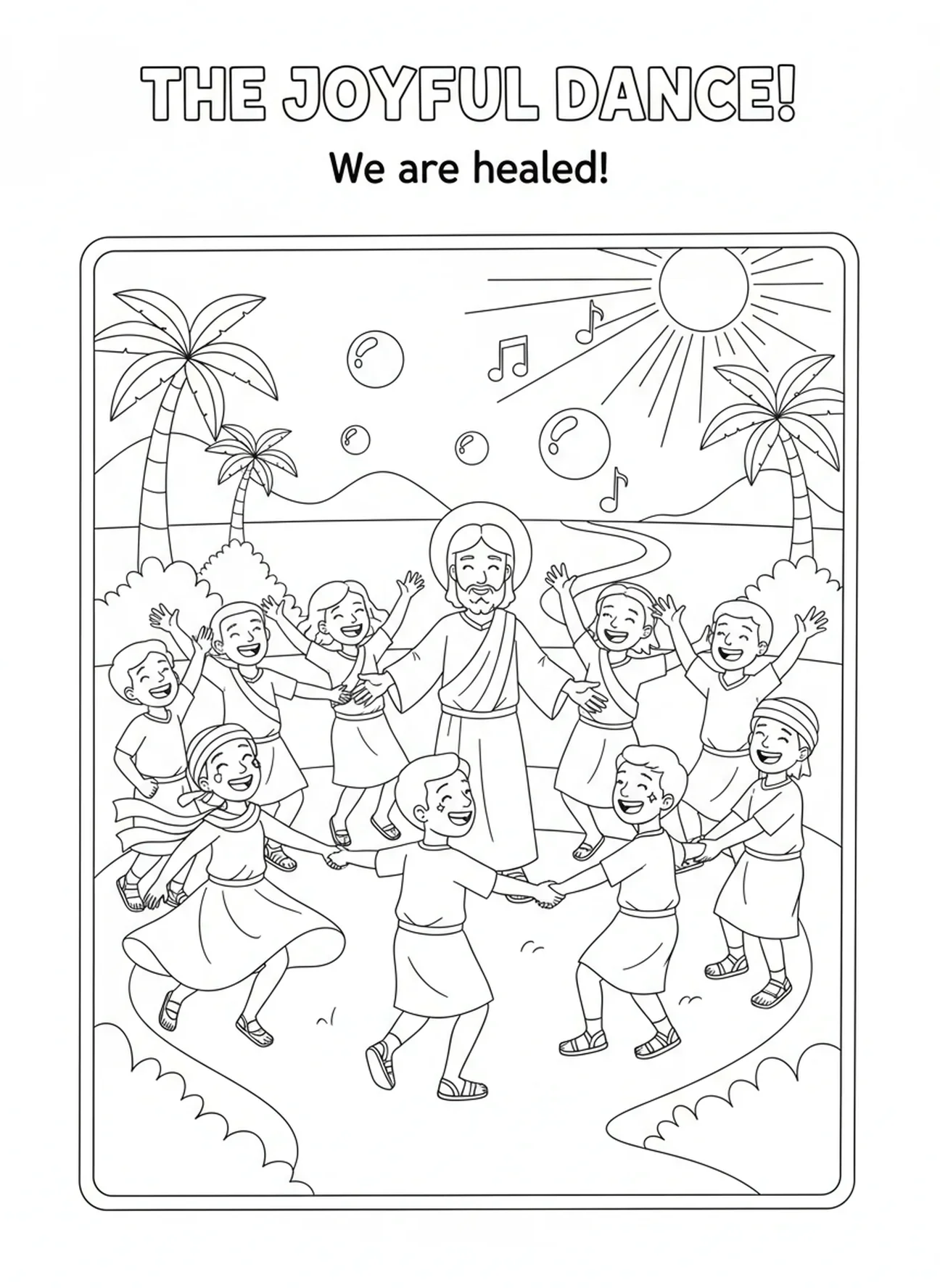 Heilung der Lepra-Kranken, Jesus heilt 10 Lepra-Kranke Ausmalbild für Kinder im Alter von 5-10 Jahren.