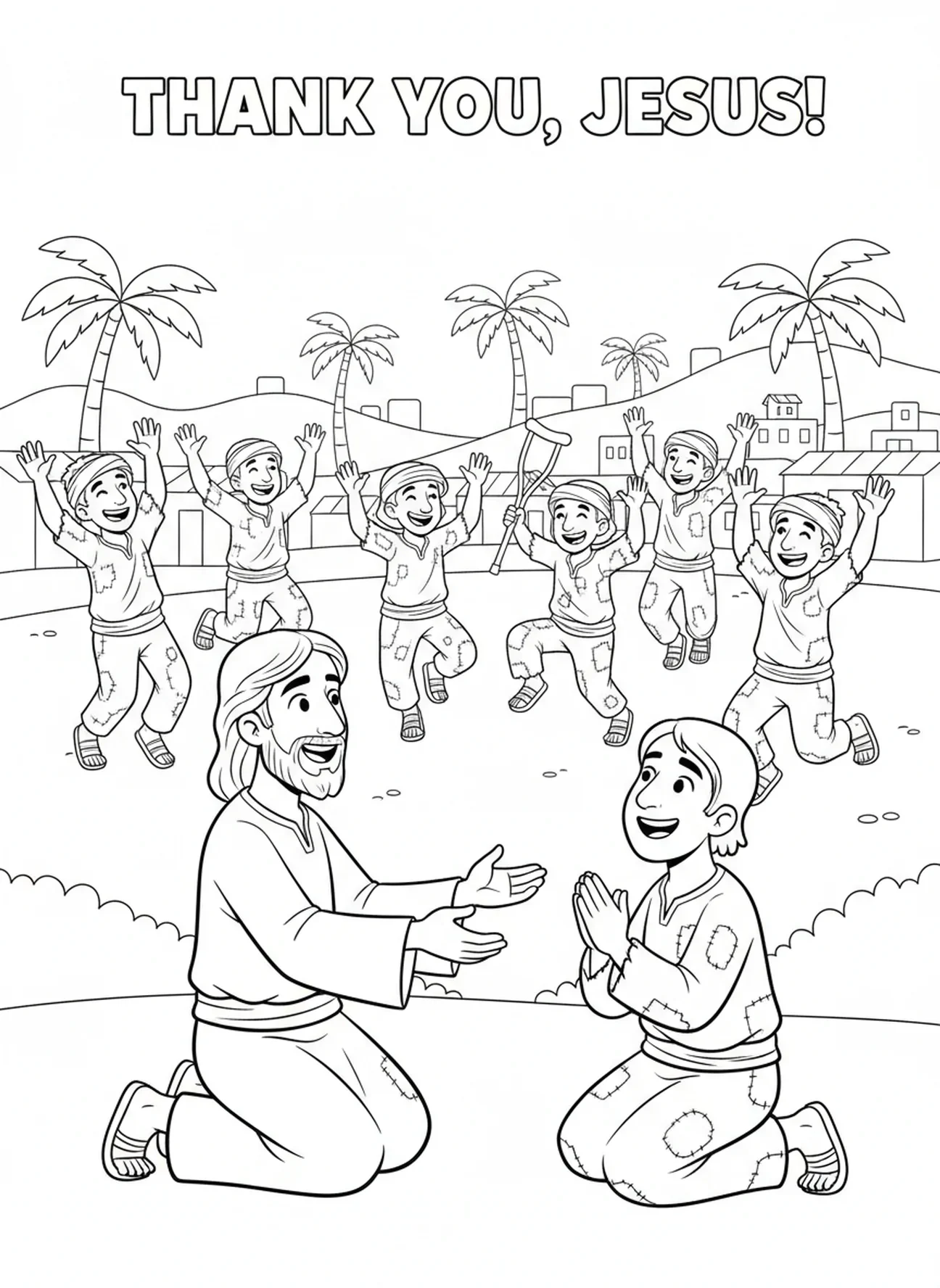 Dankbarer Aussätziger bedankt sich bei Jesus, Jesus heilt 10 Aussätzige Malvorlage für Kinder im Alter von 5-10 Jahren.