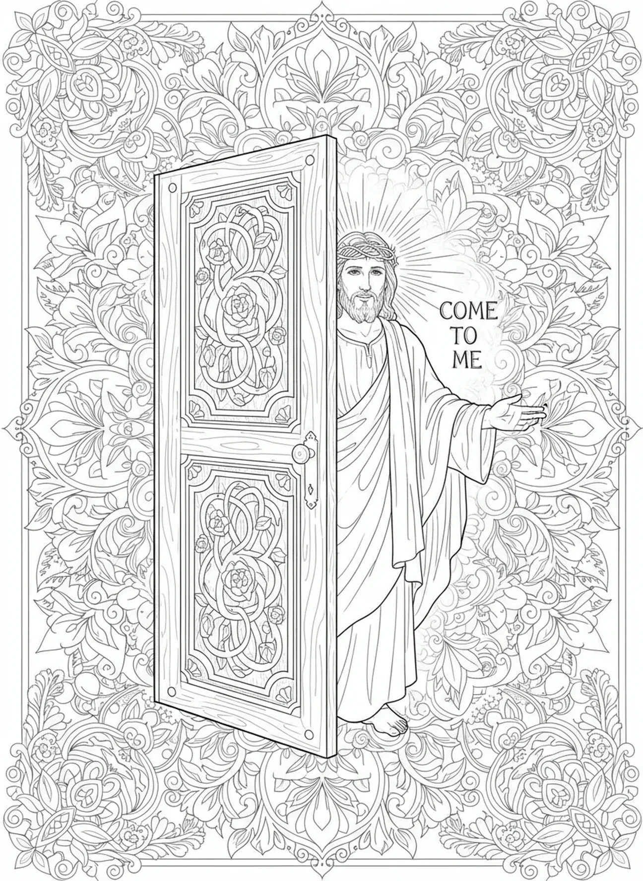 Teilweise geöffnete Tür, die Jesus zeigt, Ausmalbild 'Jesus klopft an die Tür' im Stil des Bibel-Journalings für Erwachsene.