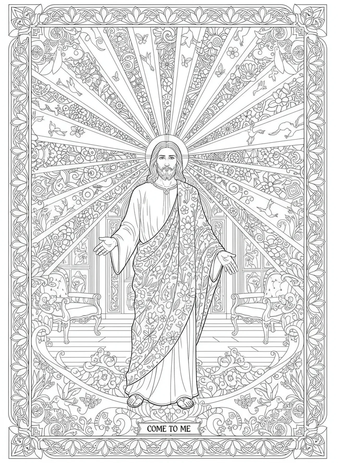 Jesus, der auf den Eintritt in den Raum deutet, Ausmalbild 'Jesus klopft an die Tür' im Stil des Bibeljournaling für Erwachsene.