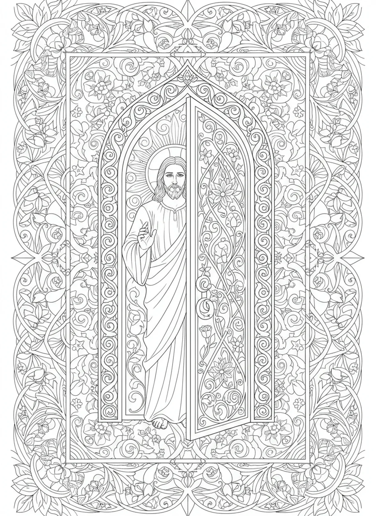 Jesus, der seine Hand an die Tür ausstreckt, Ausmalbild 'Jesus klopft an die Tür' im Stil des Bibel-Journalings für Erwachsene.