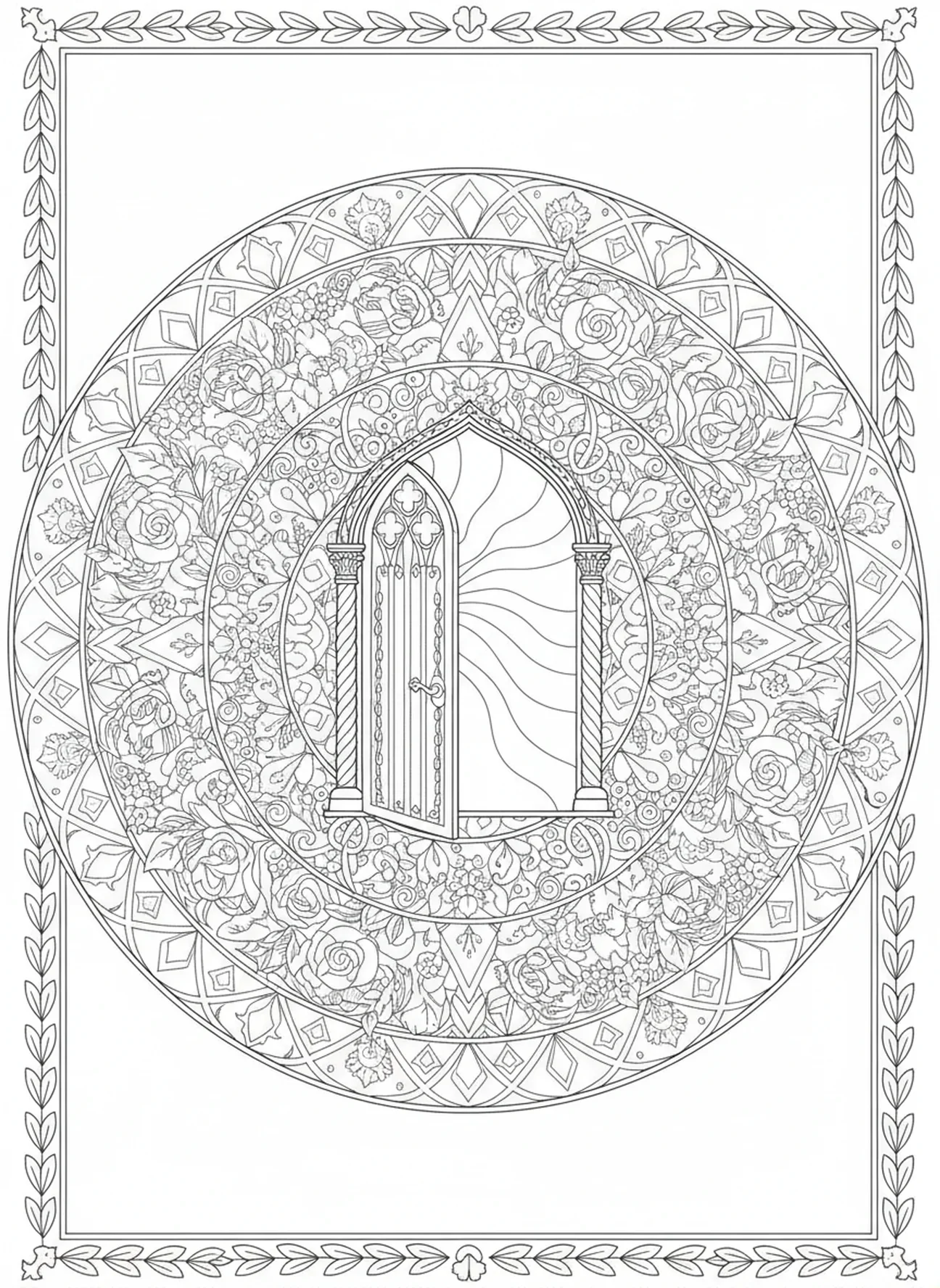 Strahlendes Licht von der offenen Tür, Jesus klopft an die Tür Ausmalbild für Erwachsene im Bibel-Journaling-Stil.