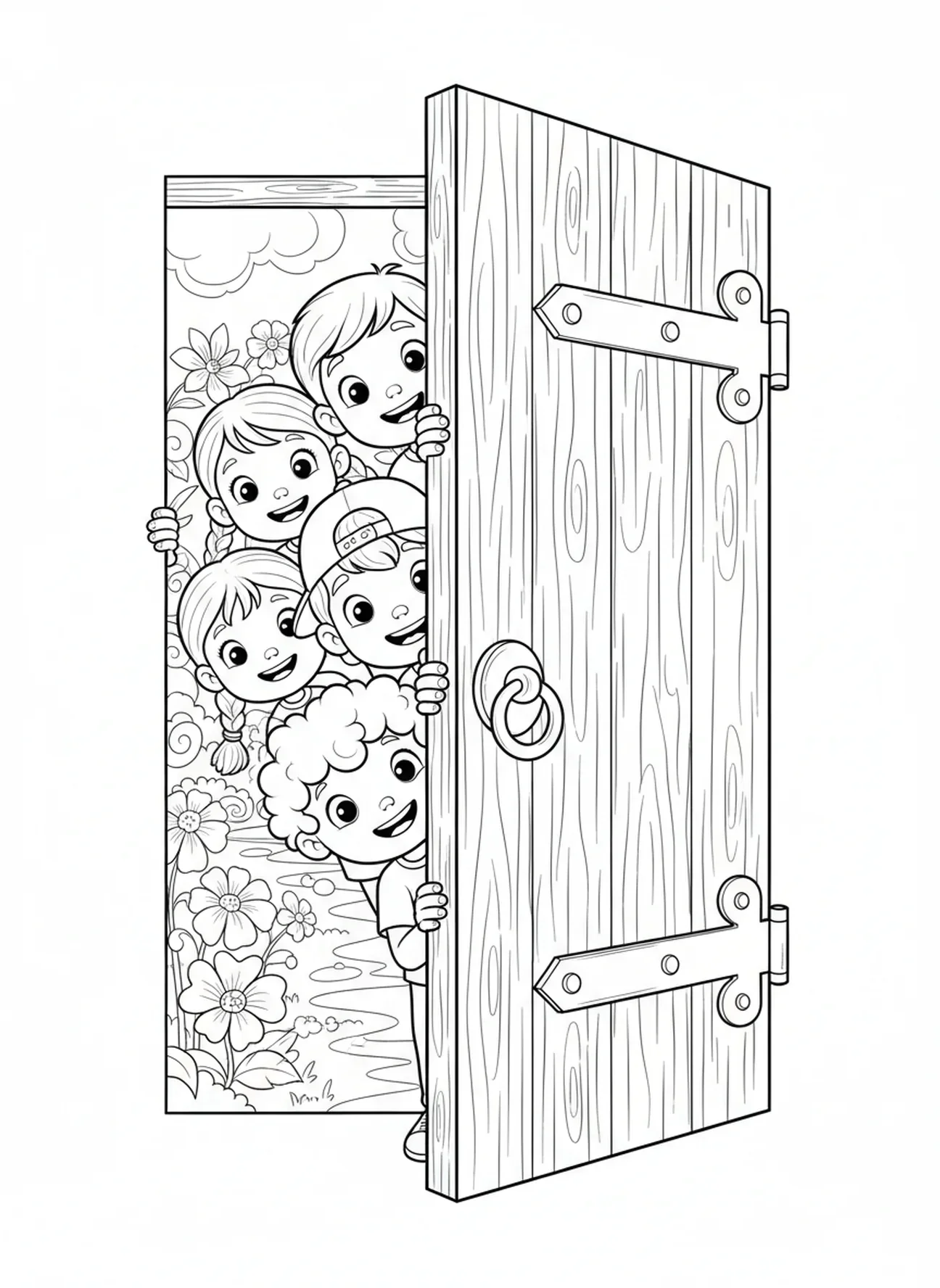 Groupe d'enfants curieux, page à colorier Jésus frappant à la porte pour les enfants de 5 à 10 ans.