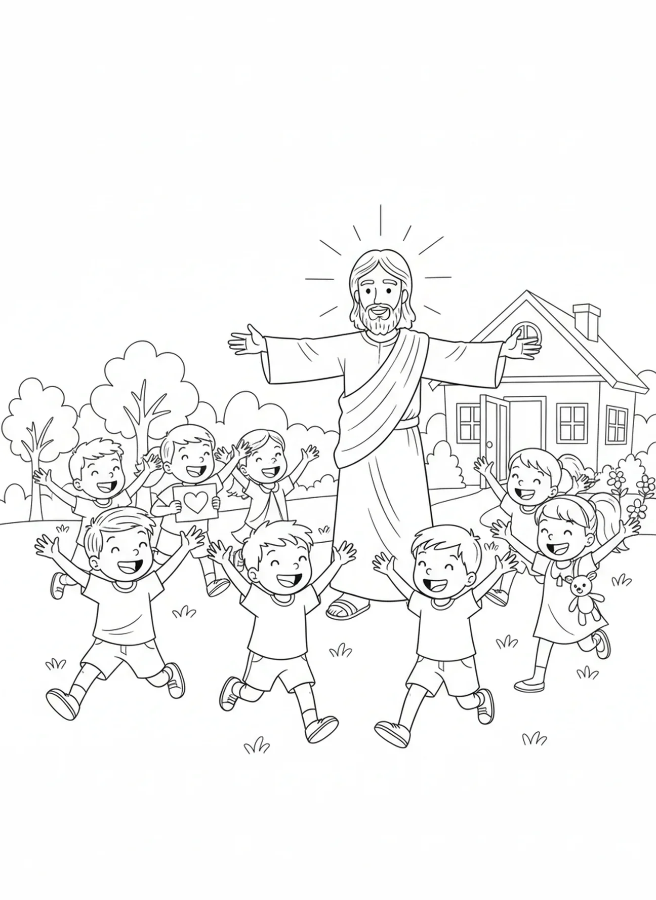 Enfants heureux courant, page à colorier Jésus frappant à la porte pour les enfants de 5 à 10 ans.