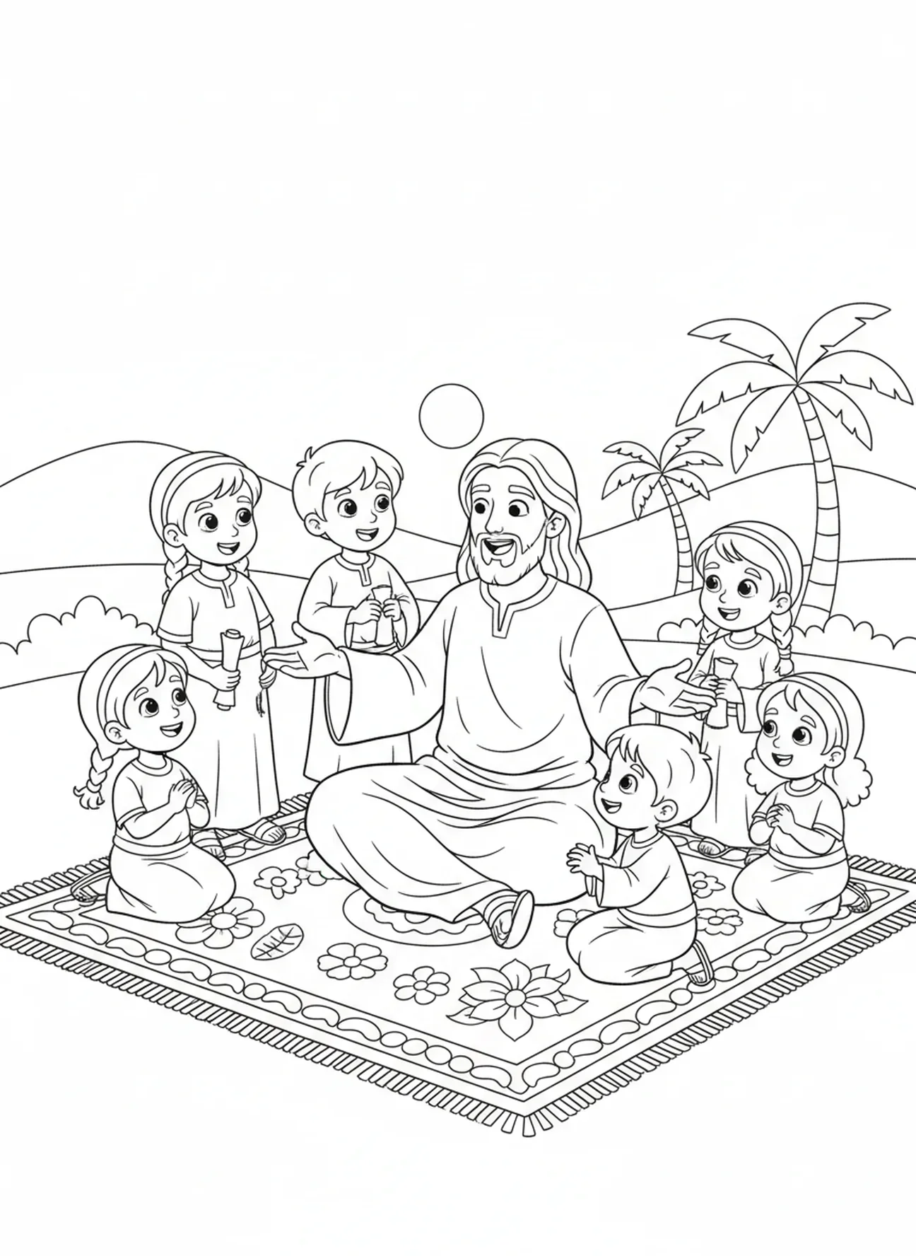 Jésus enseignant aux enfants, page à colorier Jésus frappant à la porte pour les enfants de 5 à 10 ans.