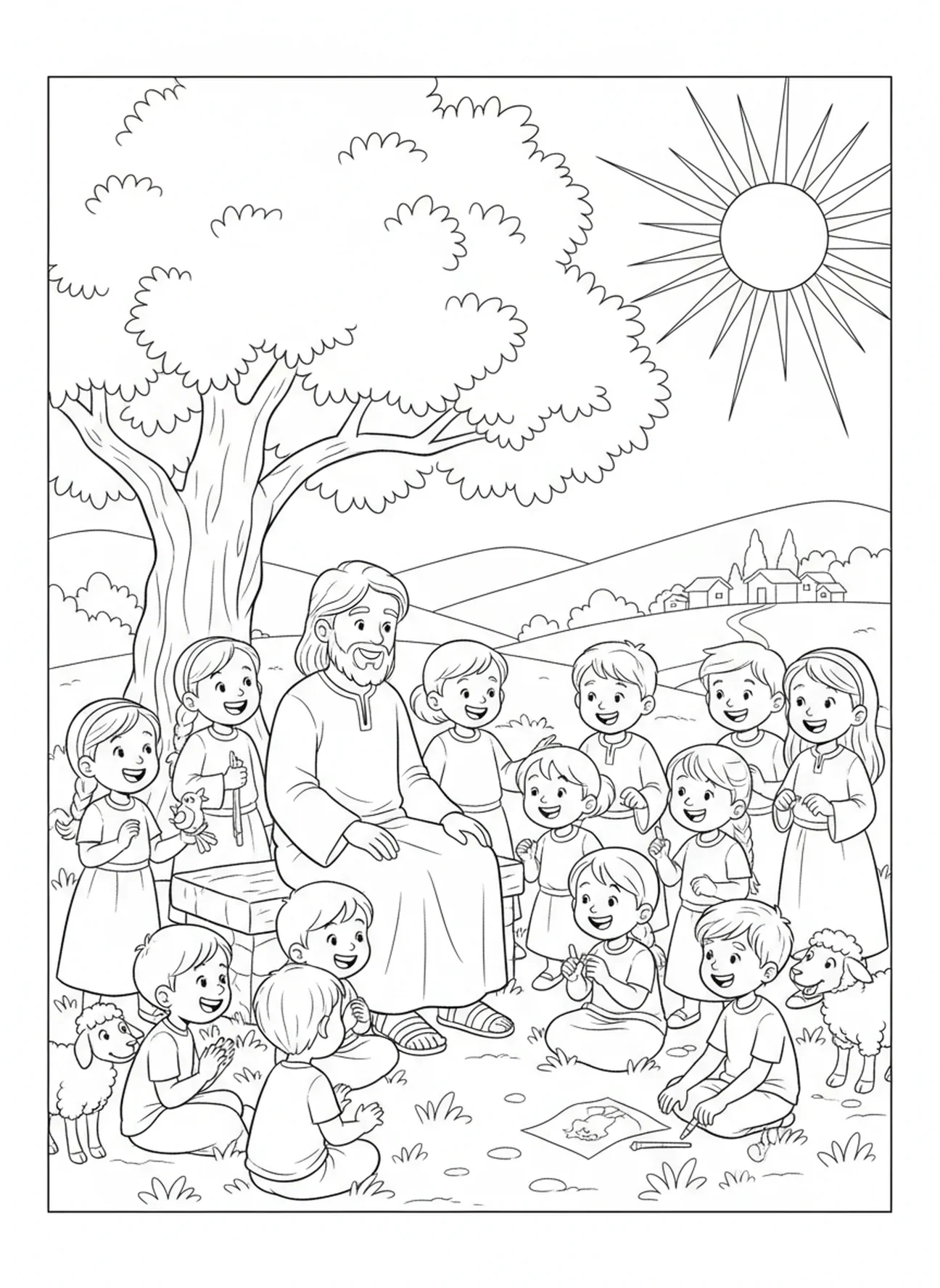Enfants rassemblés autour de Jésus, page à colorier Jésus frappant à la porte pour les enfants de 5 à 10 ans.