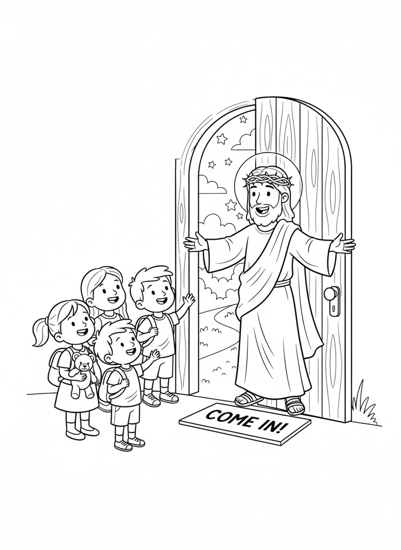Jésus les bras ouverts, page à colorier Jésus frappant à la porte pour les enfants de 5 à 10 ans.