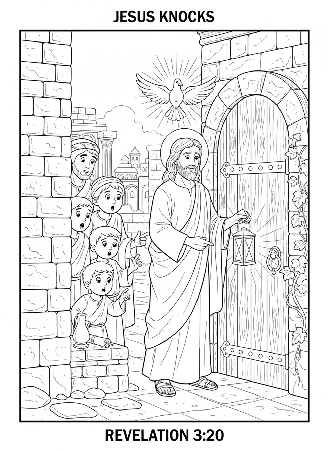 Groupe de curieux, page à colorier Jésus frappant à la porte pour les enfants de catéchisme âgés de 5 à 12 ans.