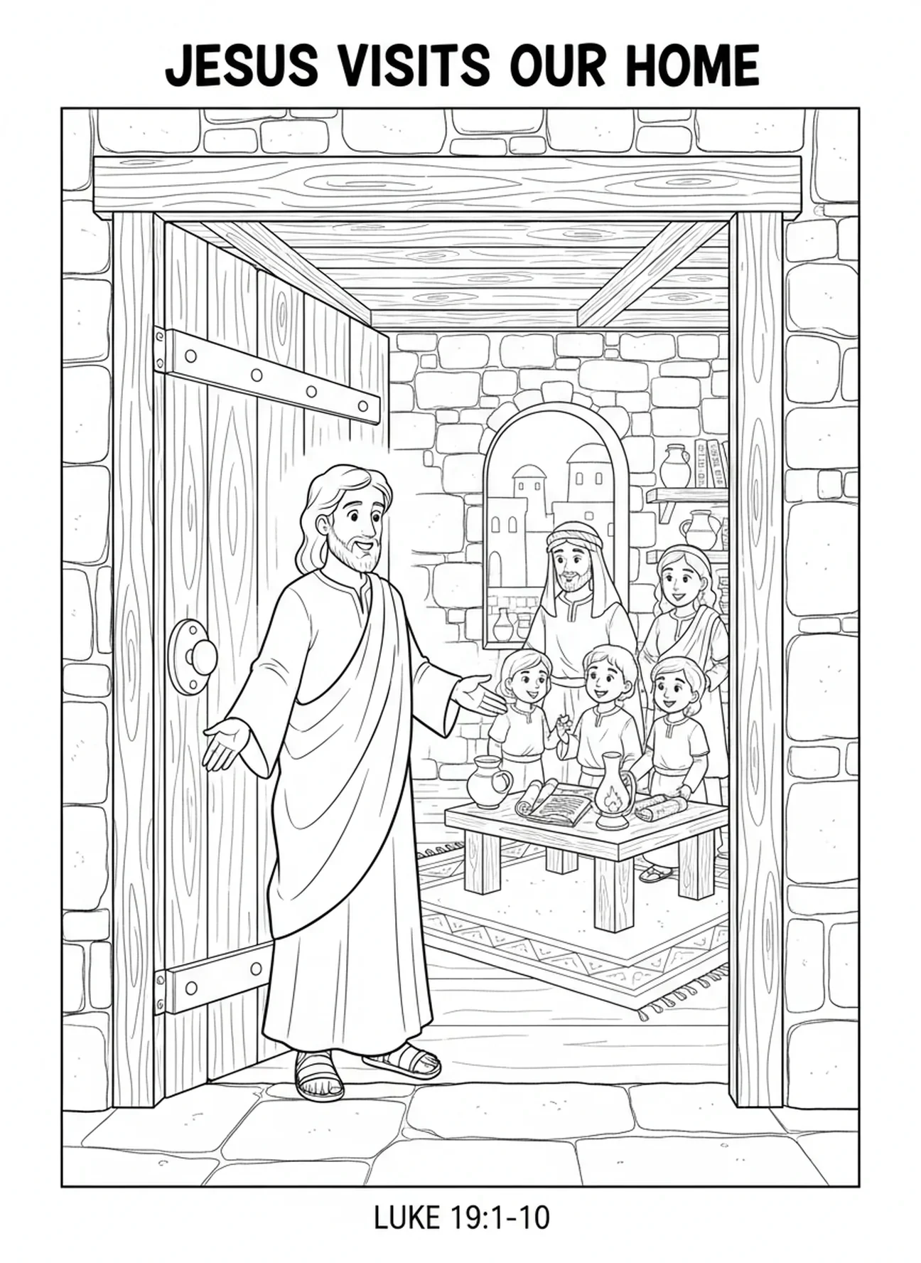 Page à colorier Jésus frappant à la porte pour les enfants de l'École du dimanche âgés de 5 à 12 ans.