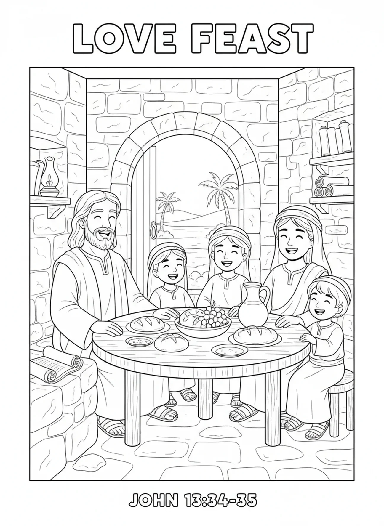 Jésus partage un repas, page à colorier Jésus frappant à la porte pour les enfants de l'École du dimanche âgés de 5 à 12 ans.