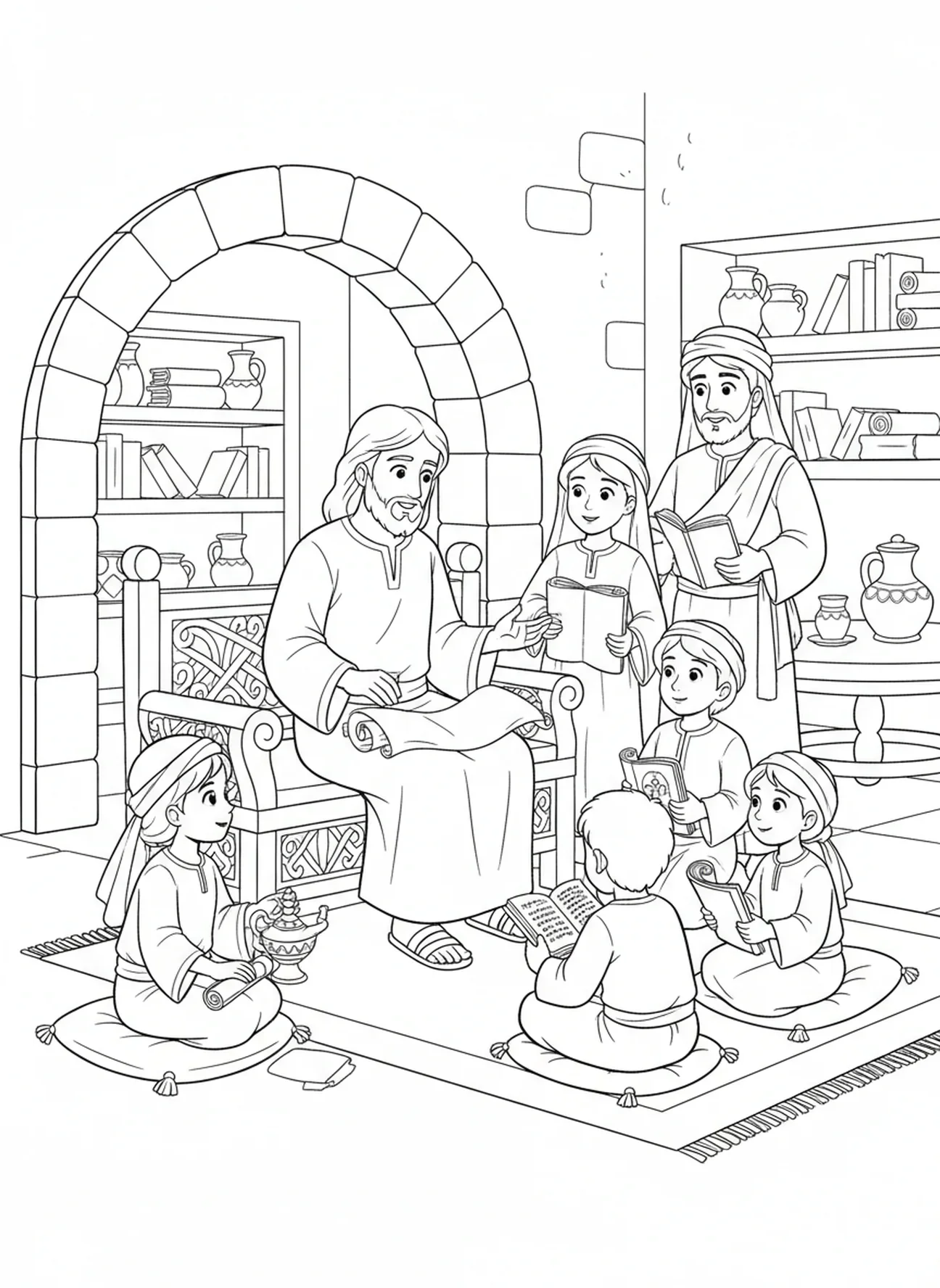 Jésus enseignant la famille, page à colorier Jésus frappant à la porte pour les enfants de l'École du dimanche âgés de 5 à 12 ans.